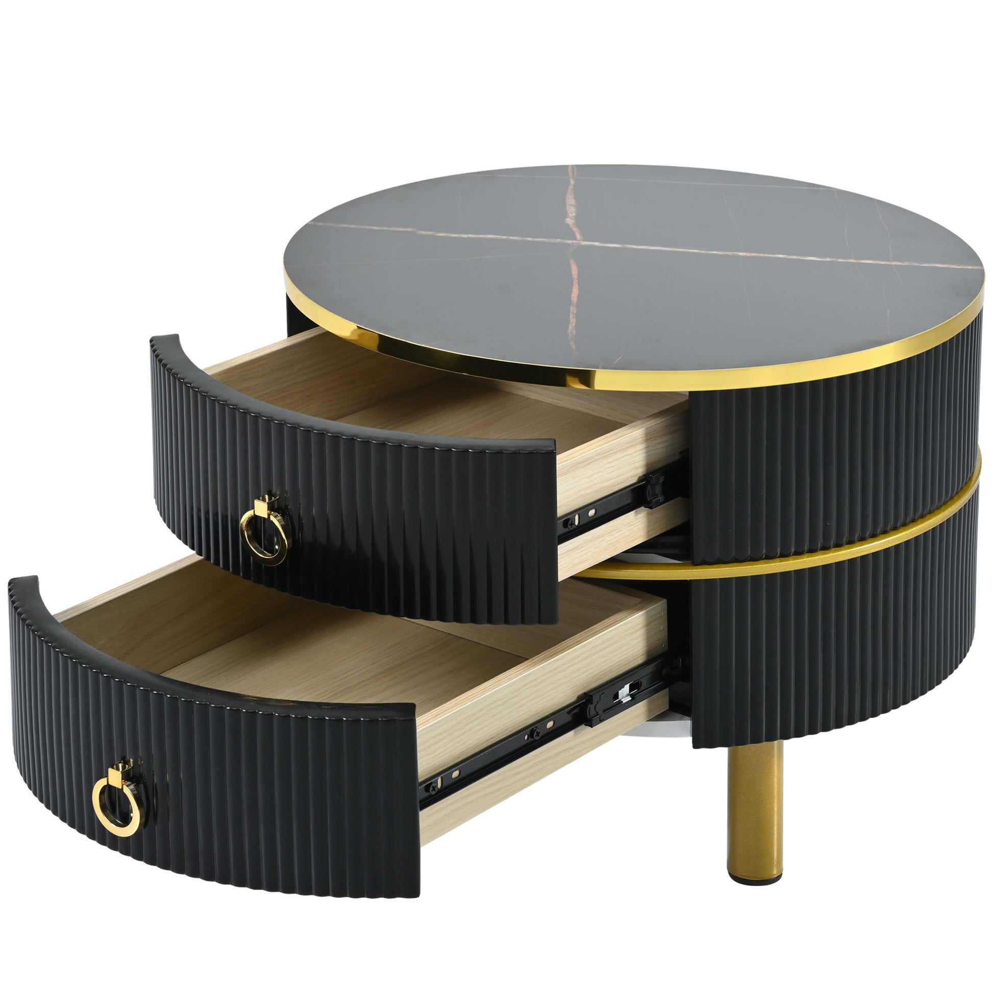 27.5'' & 19.6'' Stackable Coffee Table With 2 Drawers, Nesting Tables With Brown Tempered Glass And High Gloss Marble Tabletop, Set Of 2, Round Center Table For Living Room, Black Golden Black Primary Living Space Drawers Round Mdf Iron