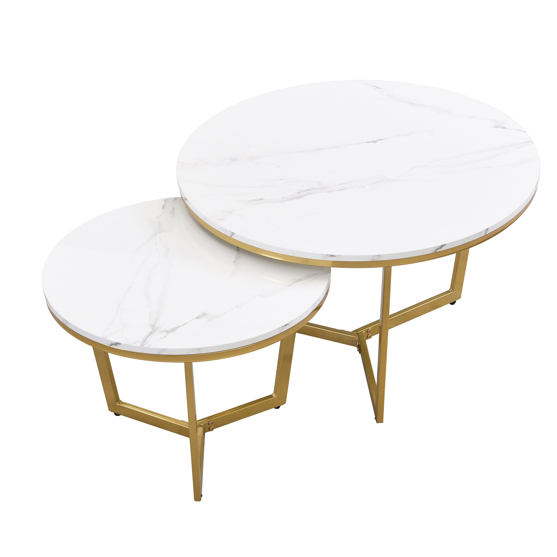 Modern Round Nesting Coffee Table Set 2 Piece White & Marbling Top Gold Base White Mdf