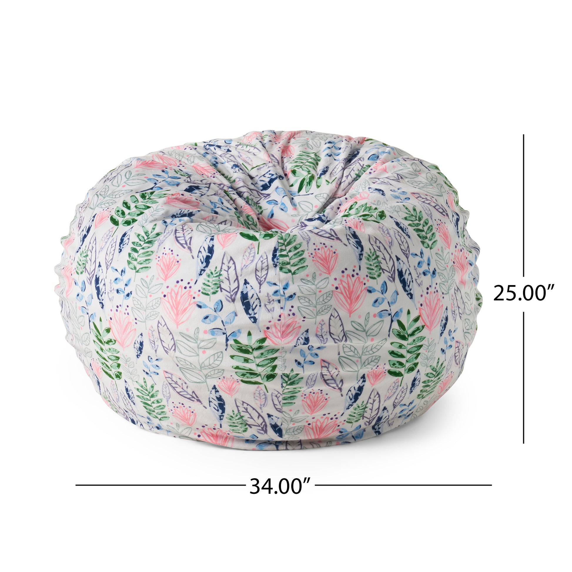 Barcadera 3 Foot Rounded Bean Bag, Leaf Print White Tossed Botanical Fabric