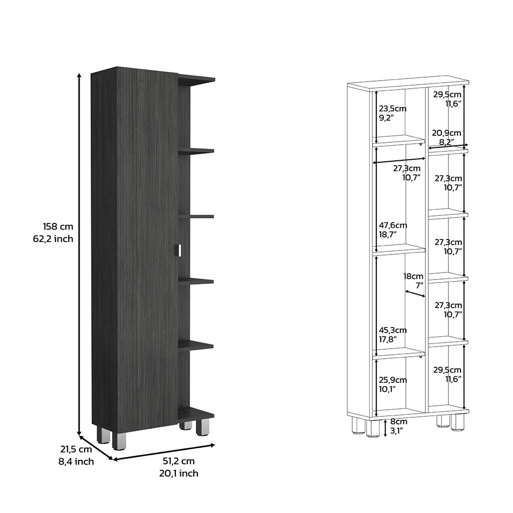 62H" Linen Single Door Cabinet, Five External Shelves, Four Interior Shelves, Smokey Oak Gray Particle Board Particle Board