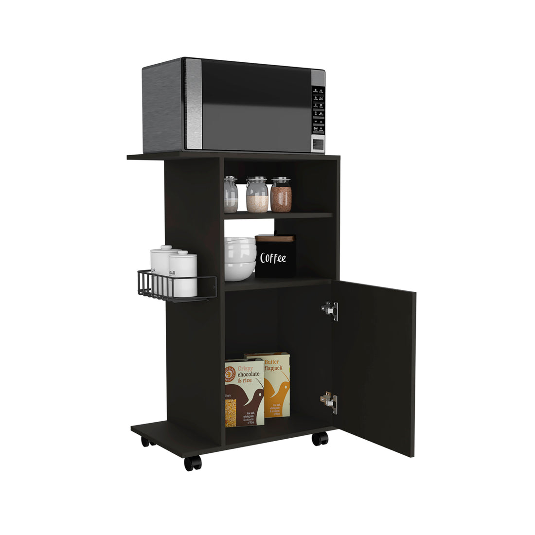 Modern Kitchen Cart 39" H, Single Door Cabinet, Four black-particle board-particle board