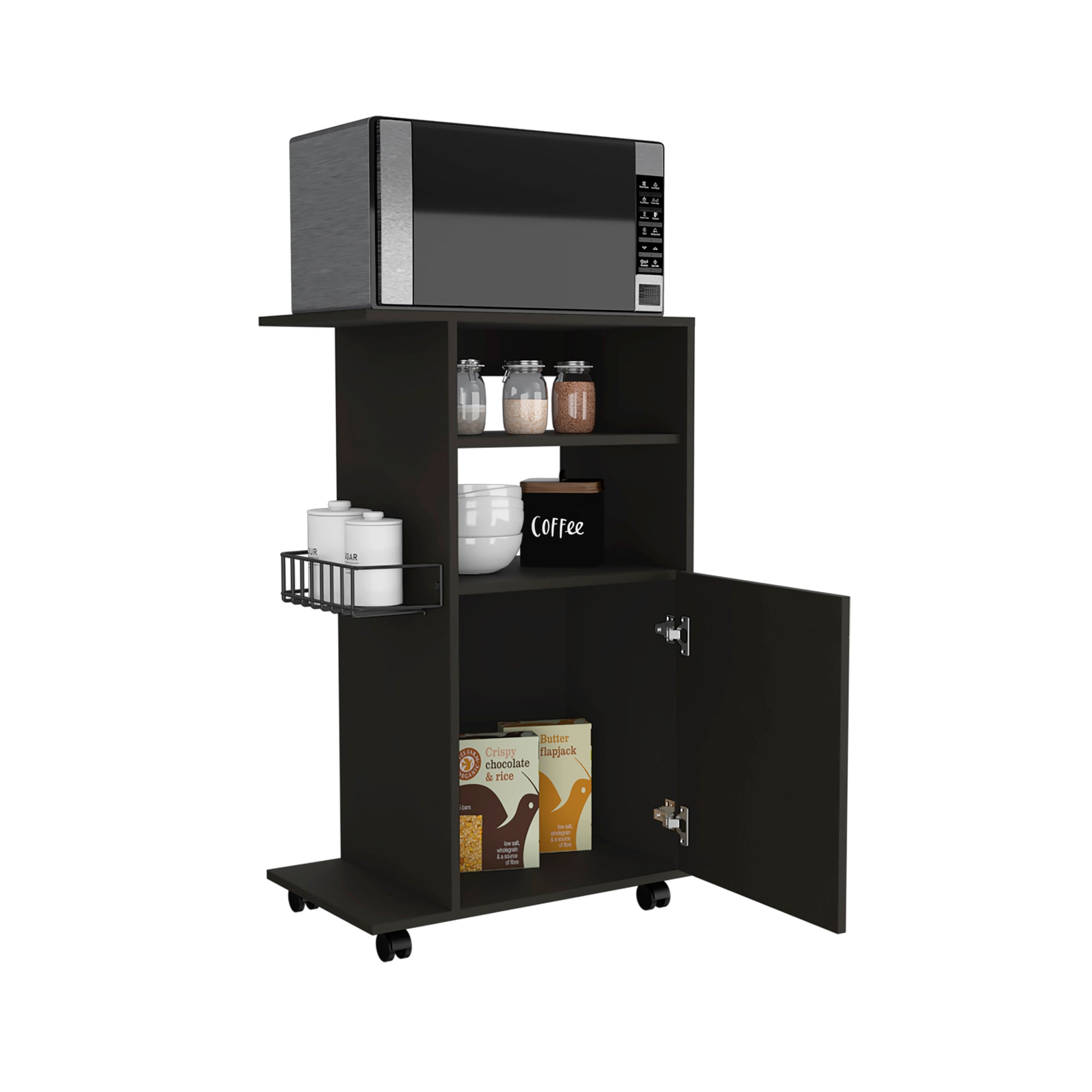 Opal Kitchen Cart, Single Door Cabinet, Four Casters, Black Black Particle Board Particle Board