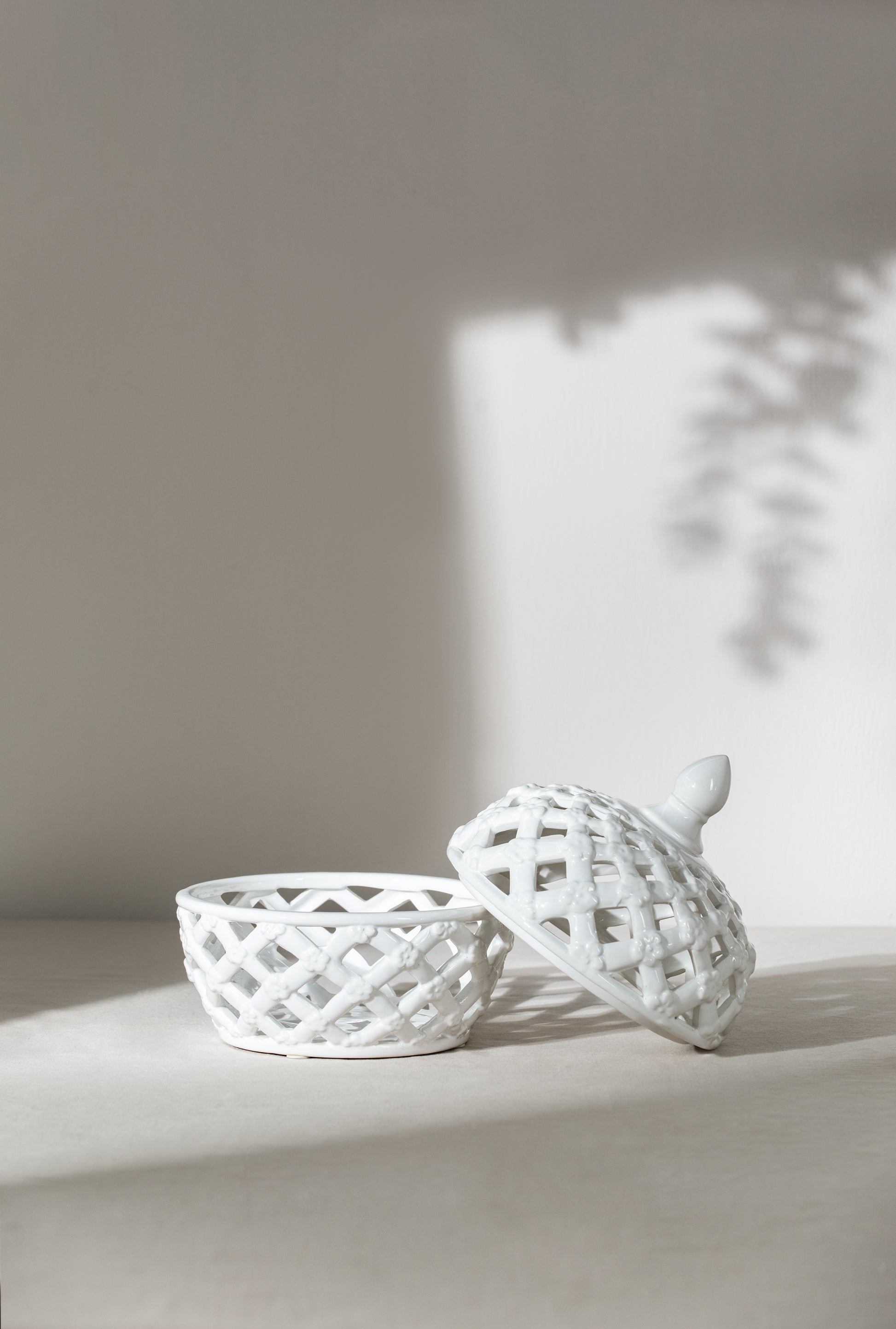 D8X9.5" White Ceramic Lidded Jar With Lattice Design White Ceramic