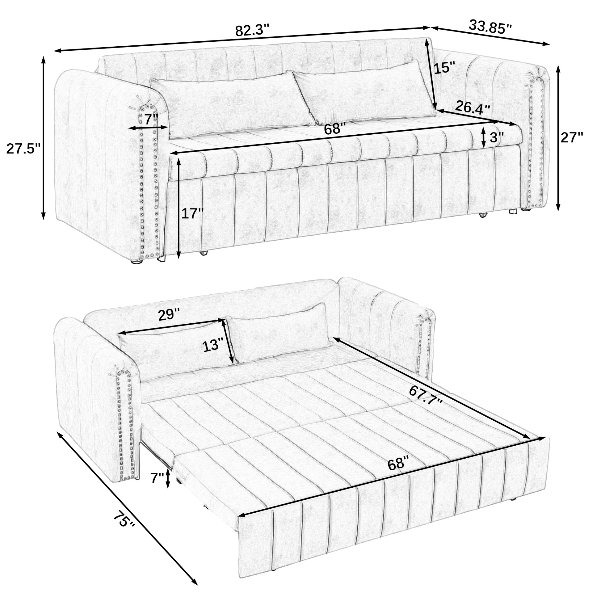 3 In 1 Pull Out Bed Sleeper, Modern Upholstered 3 Seats Lounge Sofa & Couches With Rolled Arms Decorated With Copper Nailsconvertible Futon 3 Seats Sofabed With Two Drawers And Two Pillows Orange Velvet Primary Living Space Medium Soft Cushion Back