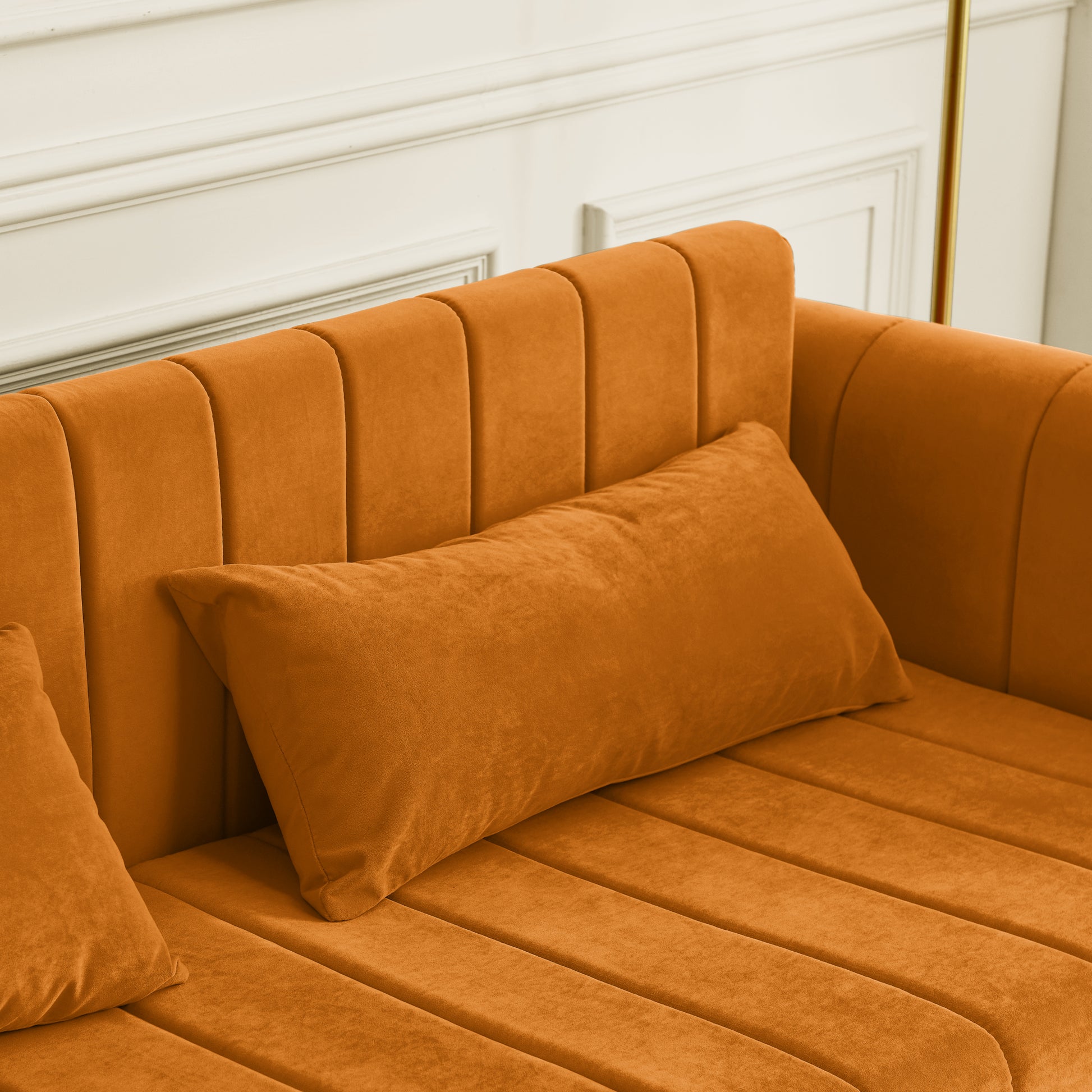 3 In 1 Pull Out Bed Sleeper, Modern Upholstered 3 Seats Lounge Sofa & Couches With Rolled Arms Decorated With Copper Nailsconvertible Futon 3 Seats Sofabed With Two Drawers And Two Pillows Orange Velvet Primary Living Space Medium Soft Cushion Back
