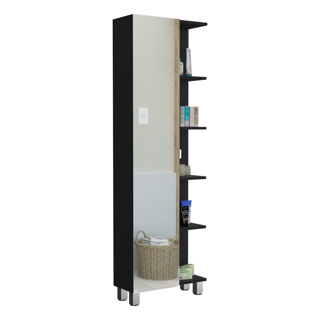 Linen Single Door Cabinet 62" H, Five External Shelves, Four Interior Shelves, Black Black Particle Board Particle Board