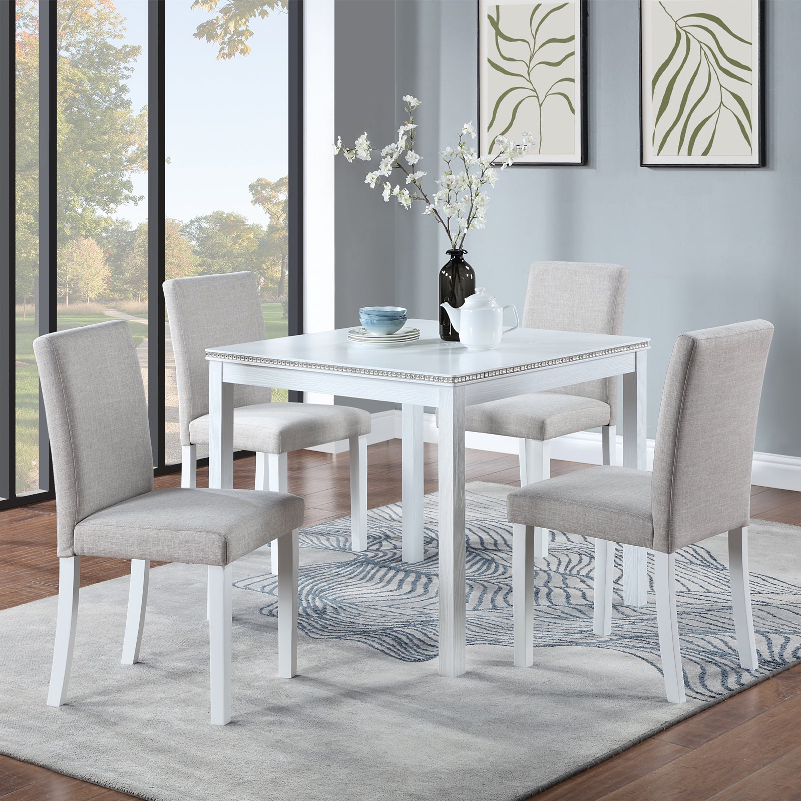 5 Piece Wooden Dining Table Set, Kitchen Table Set With A Square Table And 4 Upholstered Chairs, Wooden Dining Room Table With Crystal Decoration And Chairs Set For Kitchen, Dining Room, White Beige White Seats 4 Dining Room 4 Leg Square Dining Table