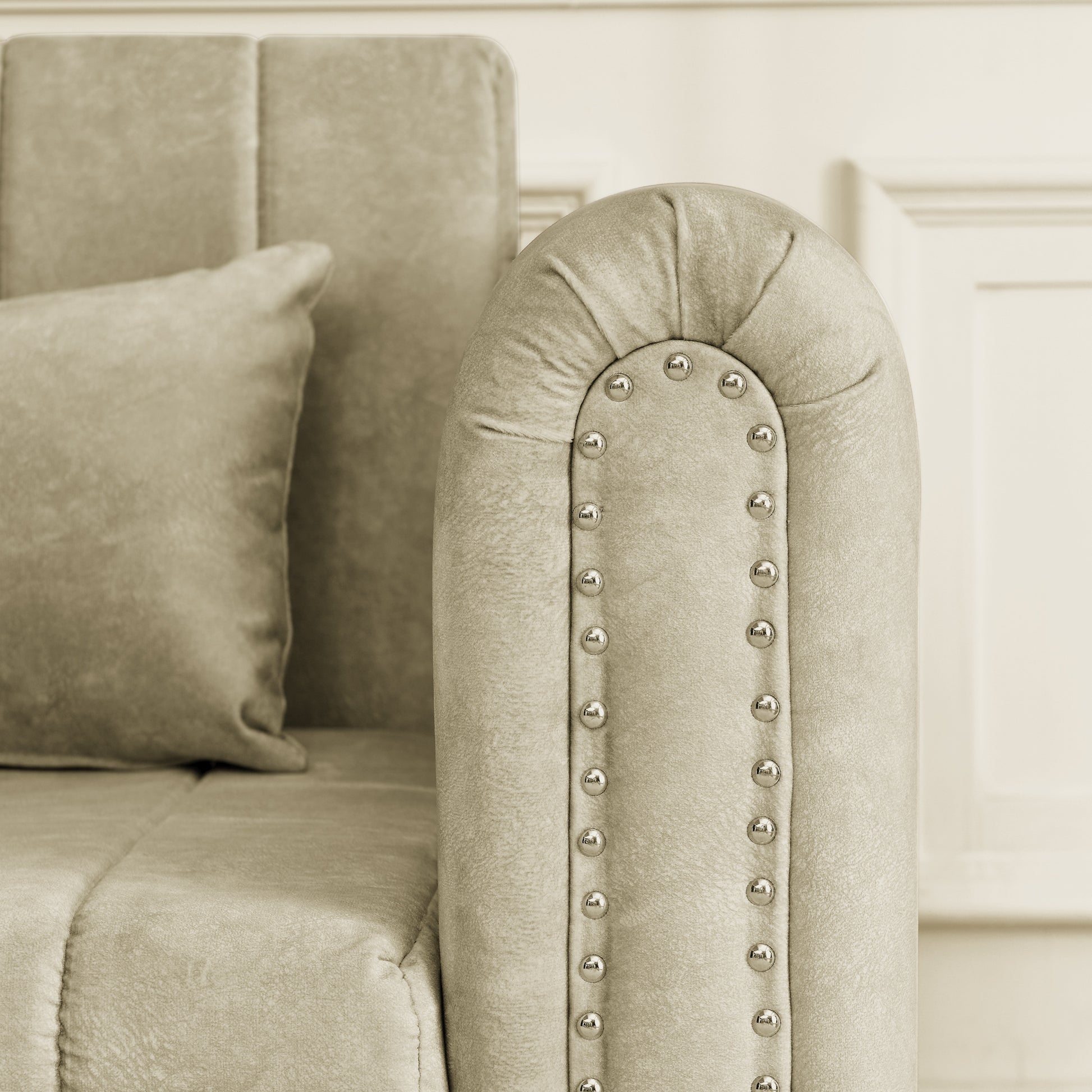 3 In 1 Pull Out Bed Sleeper, Modern Upholstered 3 Seats Lounge Sofa & Couches With Rolled Arms Decorated With Copper Nailsconvertible Futon 3 Seats Sofabed With Two Drawers And Two Pillows Beige Velvet Primary Living Space Medium Soft Cushion Back Square