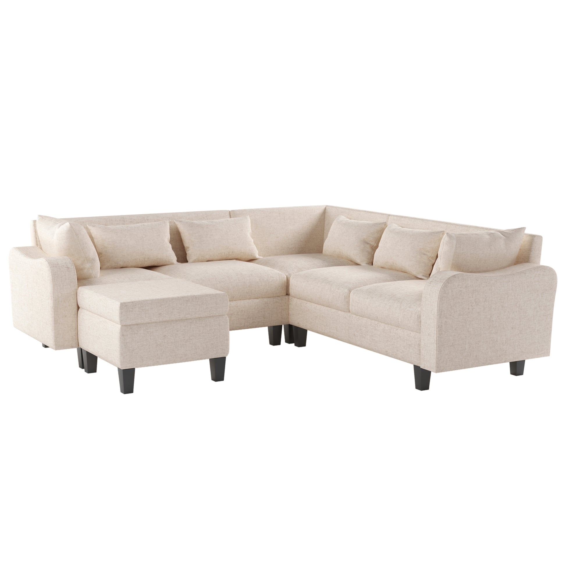 87" Modern Sectional Sofa With Coffee Table,6 Seat Couch Set With Storage Ottoman,Various Combinations,L Shape Indoor Furniture With Unique Armrests For Living Room,Apartment, 2 Colors 6 Pillows Beige Linen 6 Seat