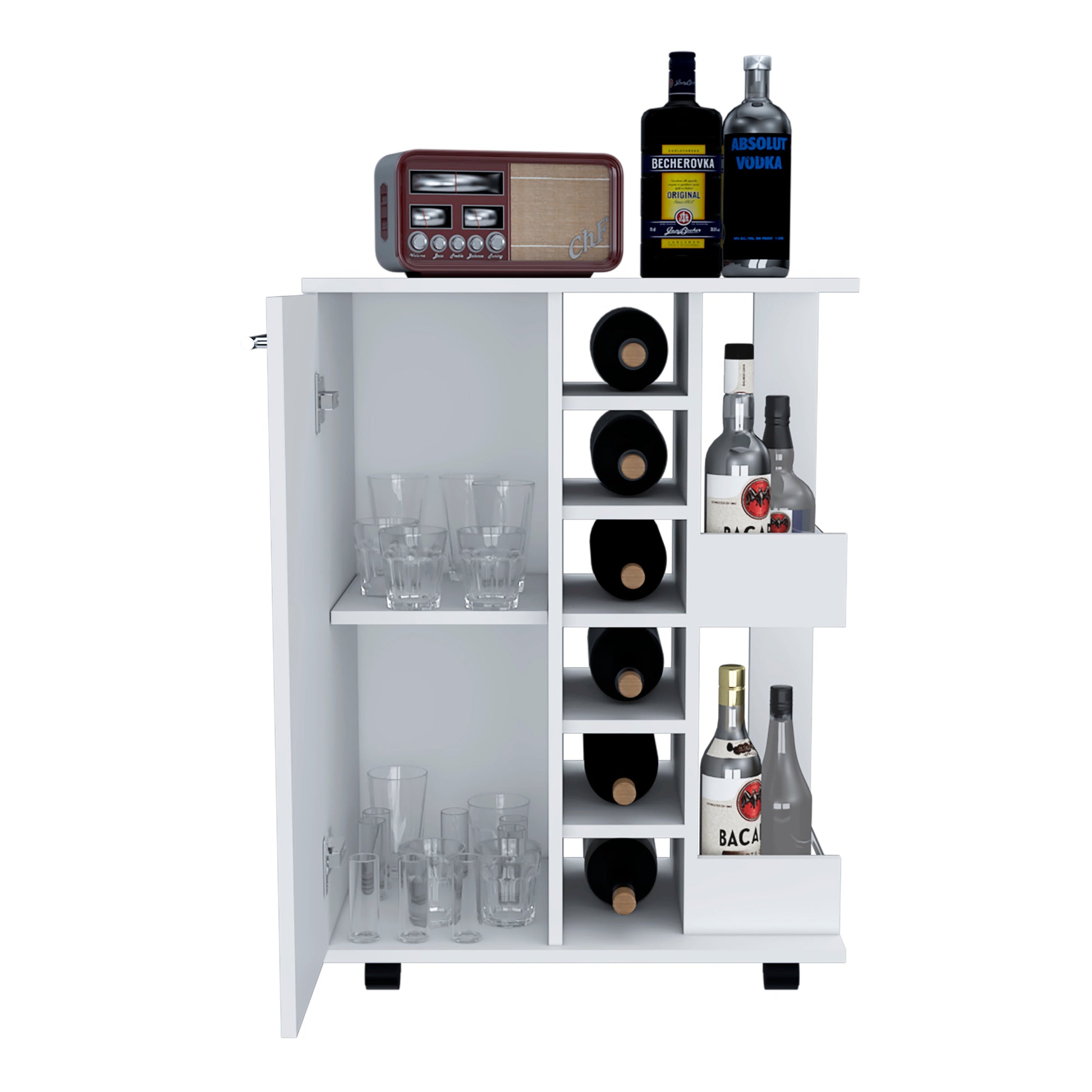 32" H White Bar Coffee Cart, Cabinet Storage, With 4 Wheels, 1 Divided Storage With 1 Shelf, 1 Folding Door, A Central Vertical Division For 6 Bottles And 2 Side Shelves With Aluminum Front White Particle Board Particle Board