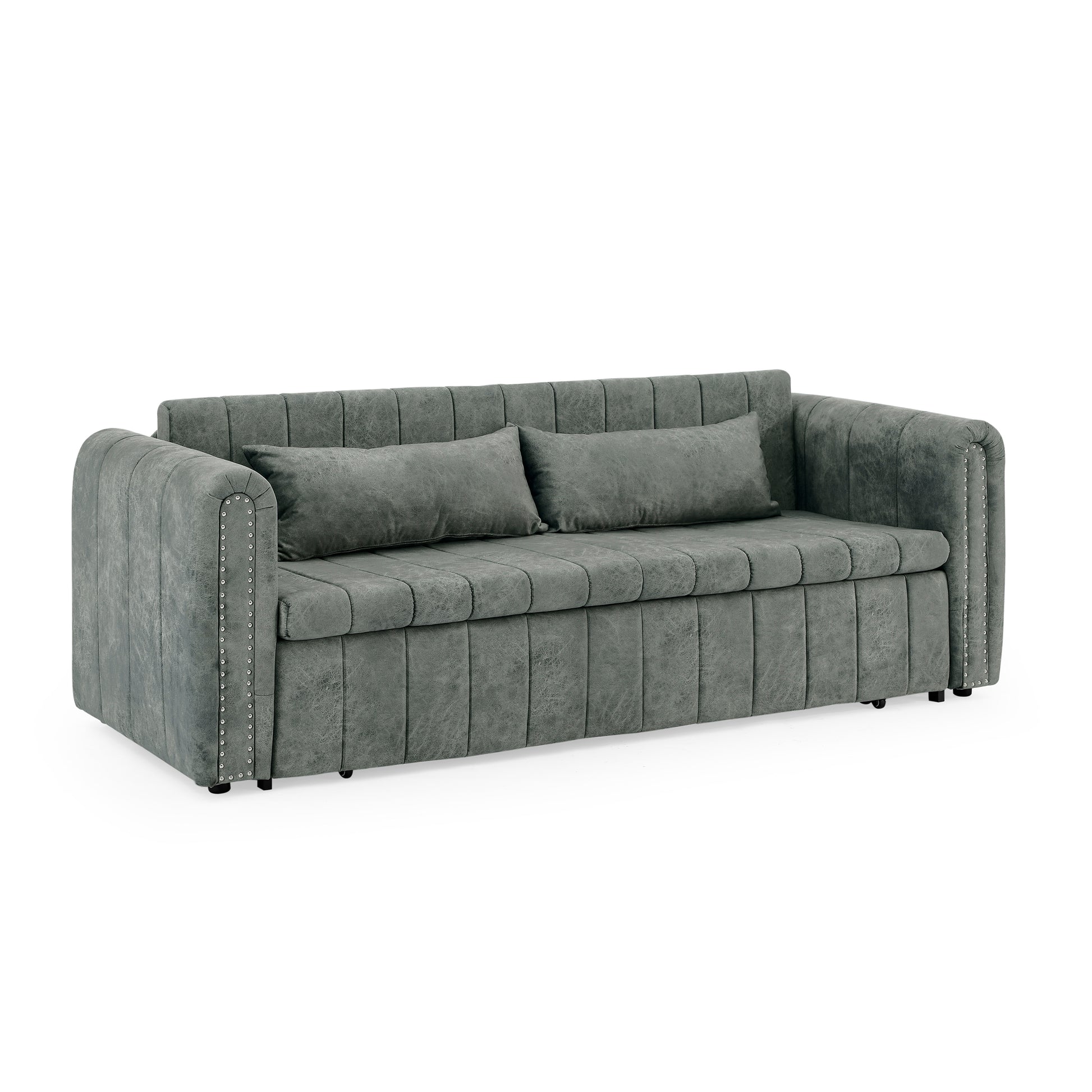 3 In 1 Pull Out Bed Sleeper, Modern Upholstered 3 Seats Lounge Sofa & Couches With Rolled Arms Decorated With Copper Nailsconvertible Futon 3 Seats Sofabed With Two Drawers And Two Pillows Grey Velvet Primary Living Space Medium Soft Cushion Back Square