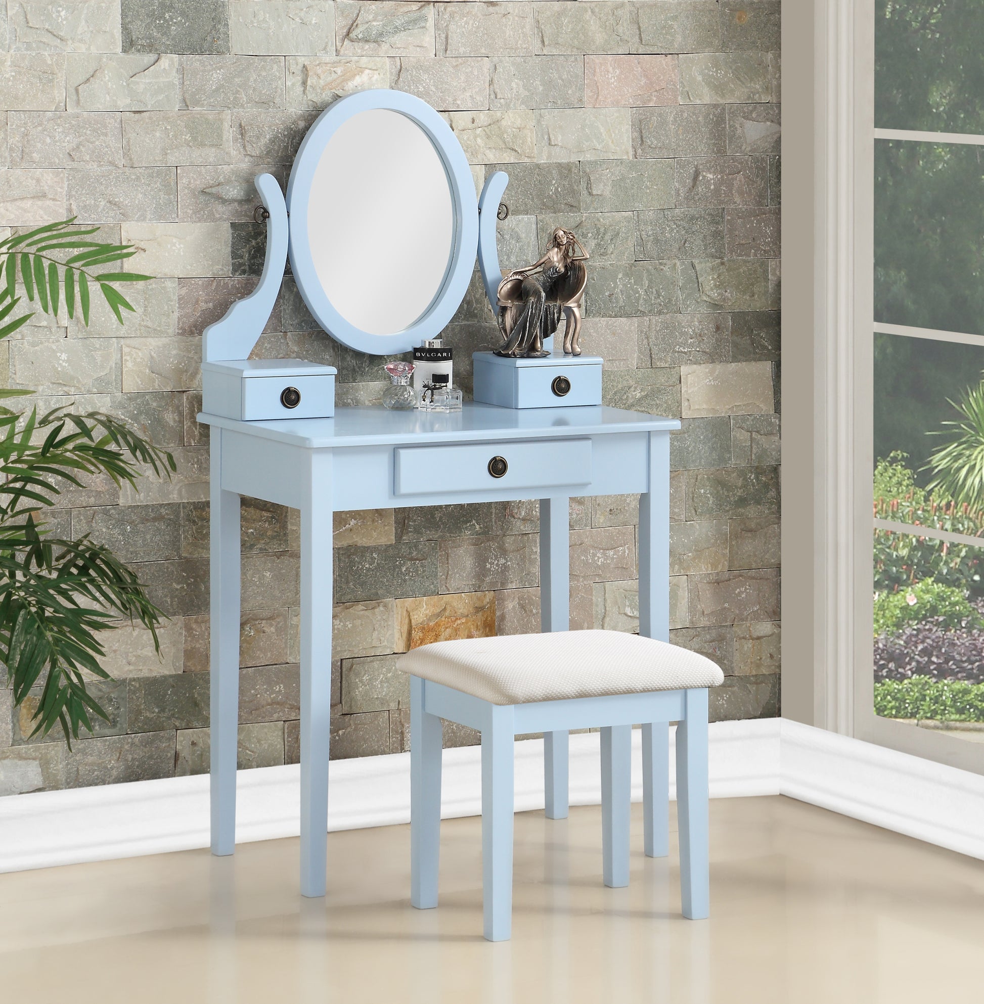 Moniys Wood Moniya Makeup Vanity Table And Stool Set, Blue Blue Wood