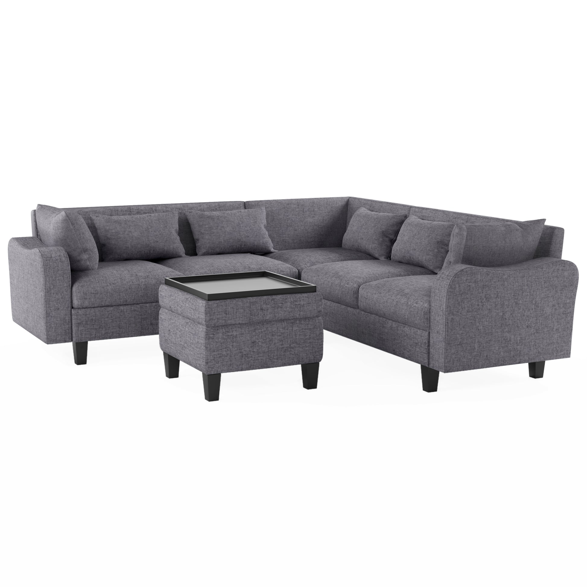 87" Modern Sectional Sofa With Coffee Table,6 Seat Couch Set With Storage Ottoman,Various Combinations,L Shape Indoor Furniture With Unique Armrests For Living Room,Apartment, 2 Colors 6 Pillows Gray Linen 6 Seat