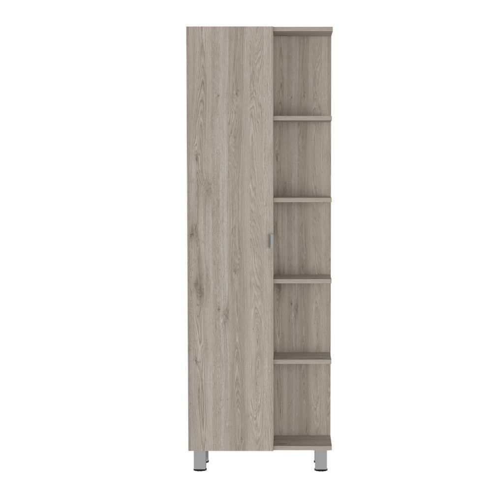 62H" Linen Single Door Cabinet, Five External Shelves, Four Interior Shelves, Light Gray Gray Particle Board Particle Board