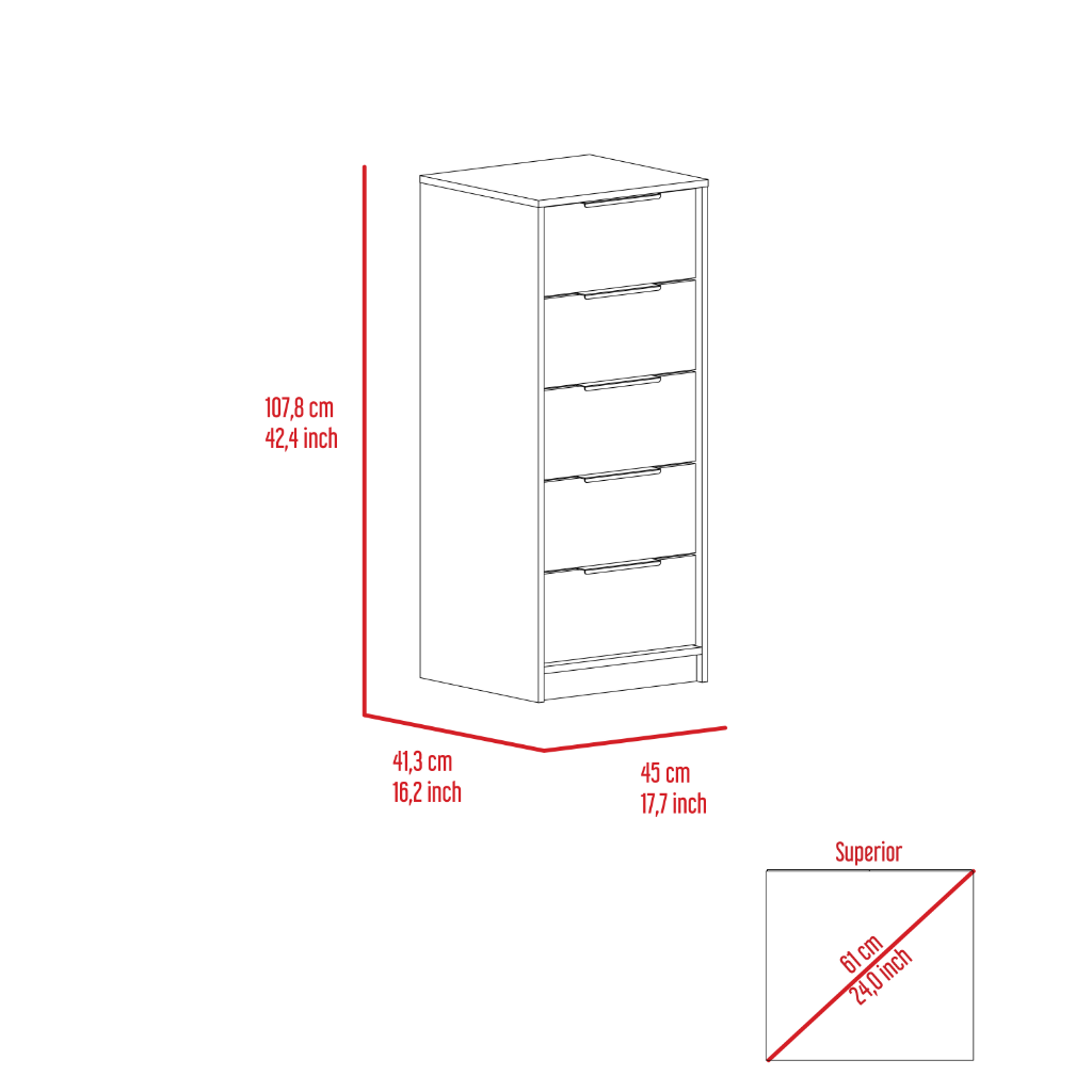 Dresser 42"H, 5 Drawer, Vertical Dresser, White Smokey Oak White Particle Board Particle Board