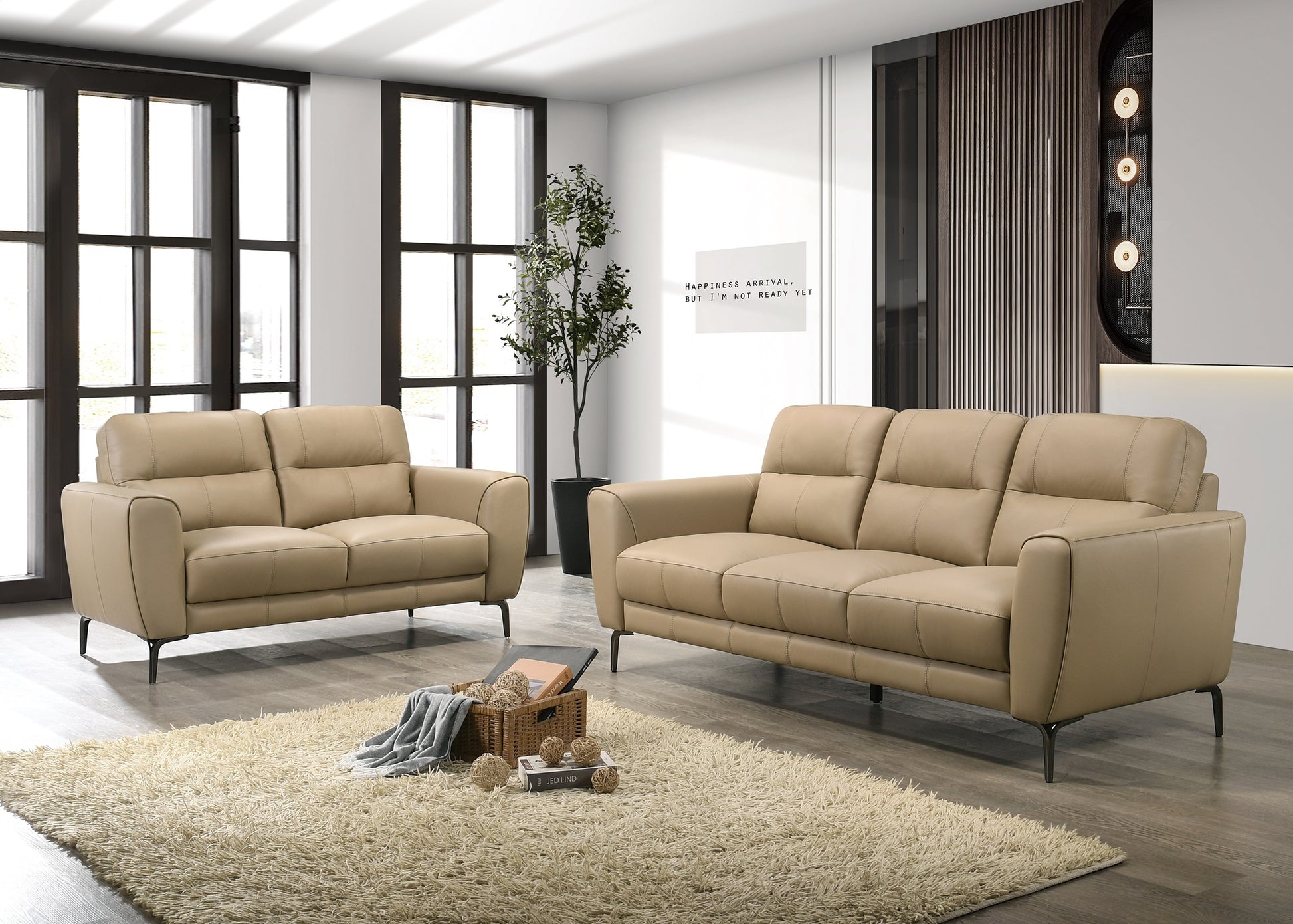 Taupe Color Top Grain Leather 2Pc Sofa Set Sofa And Loveseat Contempor