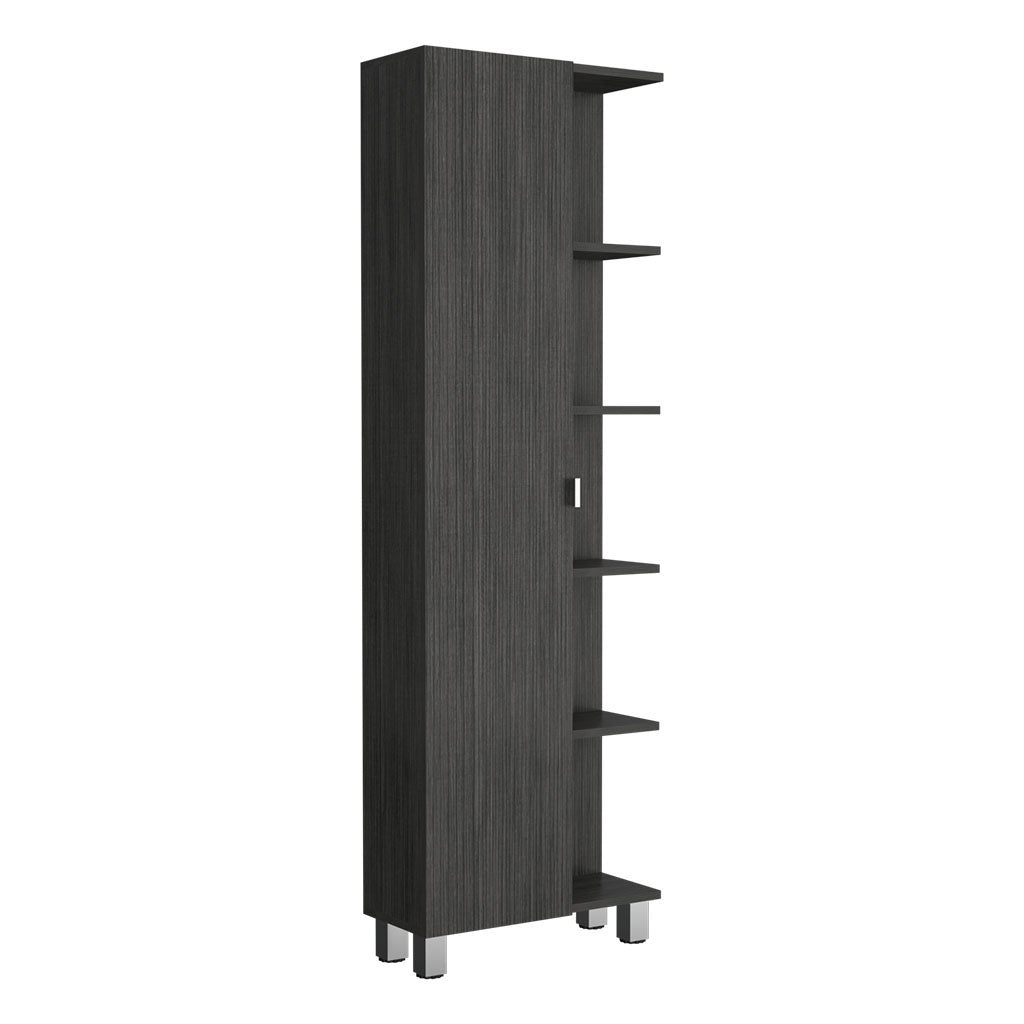 62H" Linen Single Door Cabinet, Five External Shelves, Four Interior Shelves, Smokey Oak Gray Particle Board Particle Board