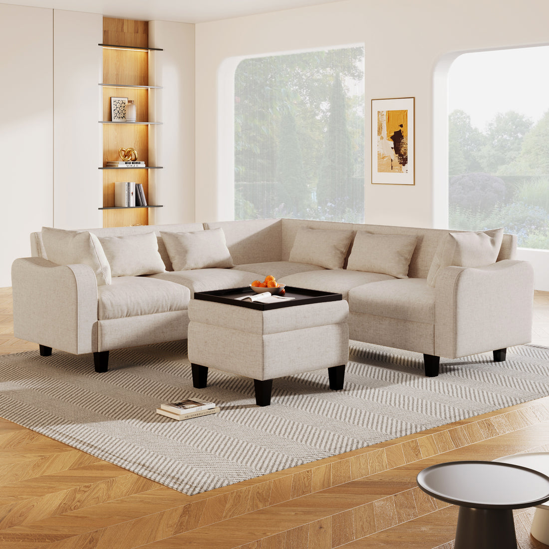 87" Modern Sectional Sofa With Coffee Table,6 Seat Couch Set With Storage Ottoman,Various Combinations,L Shape Indoor Furniture With Unique Armrests For Living Room,Apartment, 2 Colors 6 Pillows Beige Linen 6 Seat