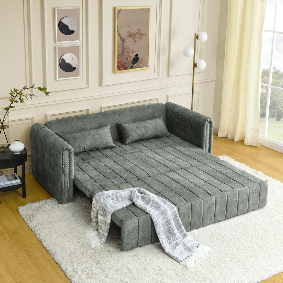 3 In 1 Pull Out Bed Sleeper, Modern Upholstered 3 Seats Lounge Sofa & Couches With Rolled Arms Decorated With Copper Nailsconvertible Futon 3 Seats Sofabed With Two Drawers And Two Pillows Grey Velvet Primary Living Space Medium Soft Cushion Back Square
