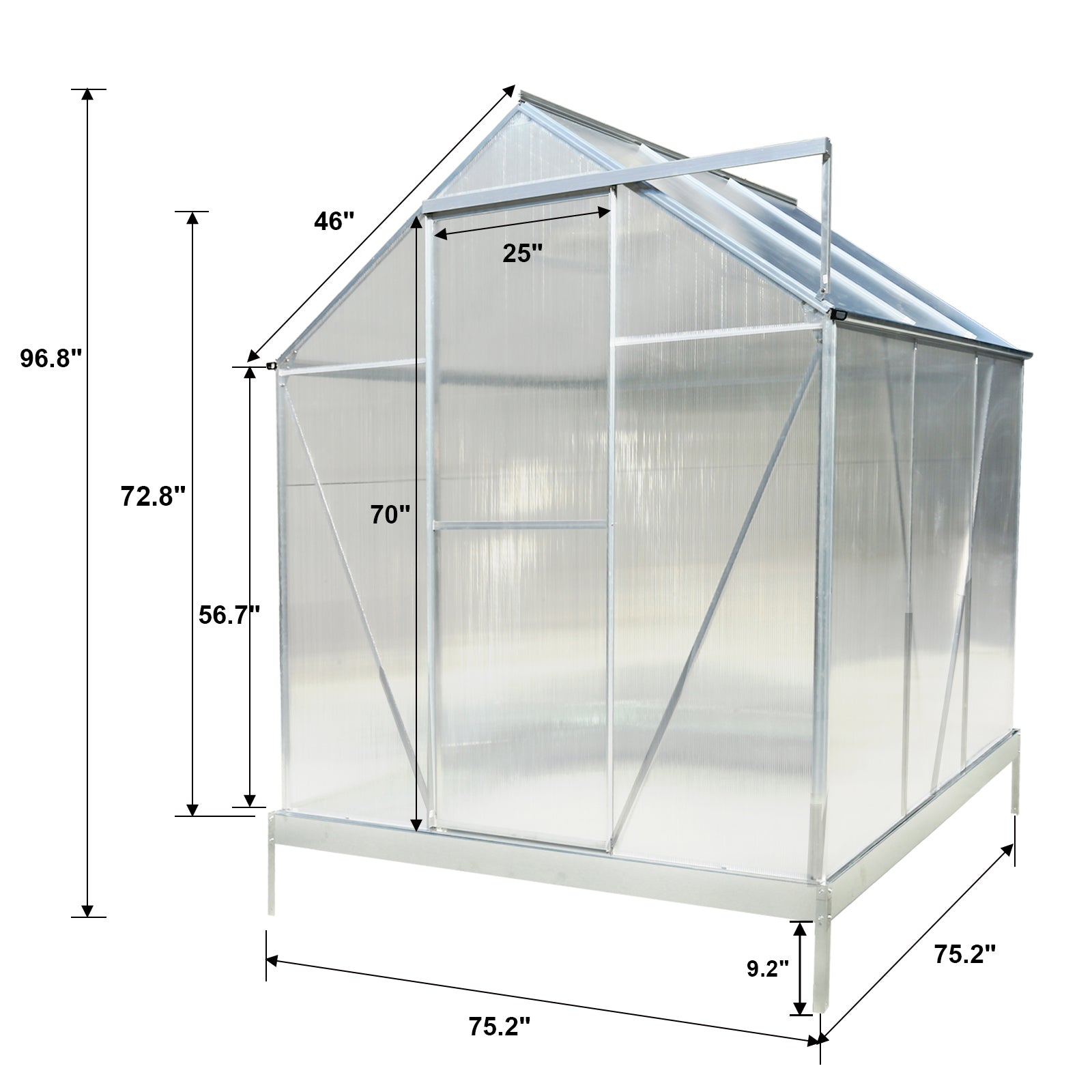 6.3'*6.2'*7' Polycarbonate Greenhouse, Heavy Duty Outdoor Aluminum Walk In Green House Kit With Rain Gutter, Vent And Door For Backyard Garden, Color Aluminium Silver Aluminium