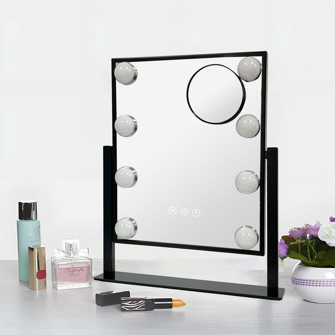 Hollywood Makeup Vanity Mirror with Lights, Desktop black-glass+metal