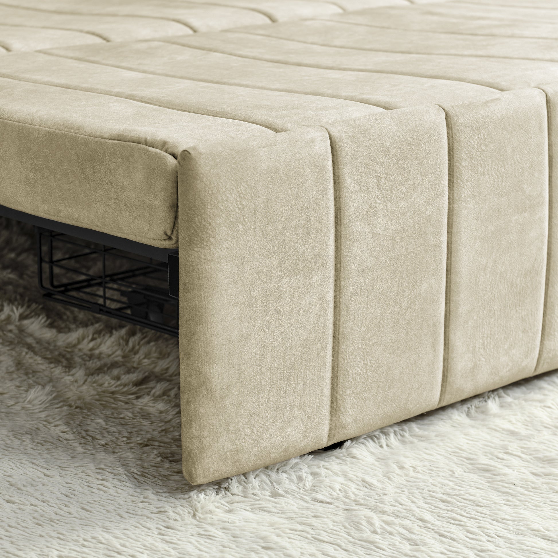 3 In 1 Pull Out Bed Sleeper, Modern Upholstered 3 Seats Lounge Sofa & Couches With Rolled Arms Decorated With Copper Nailsconvertible Futon 3 Seats Sofabed With Two Drawers And Two Pillows Beige Velvet Primary Living Space Medium Soft Cushion Back Square