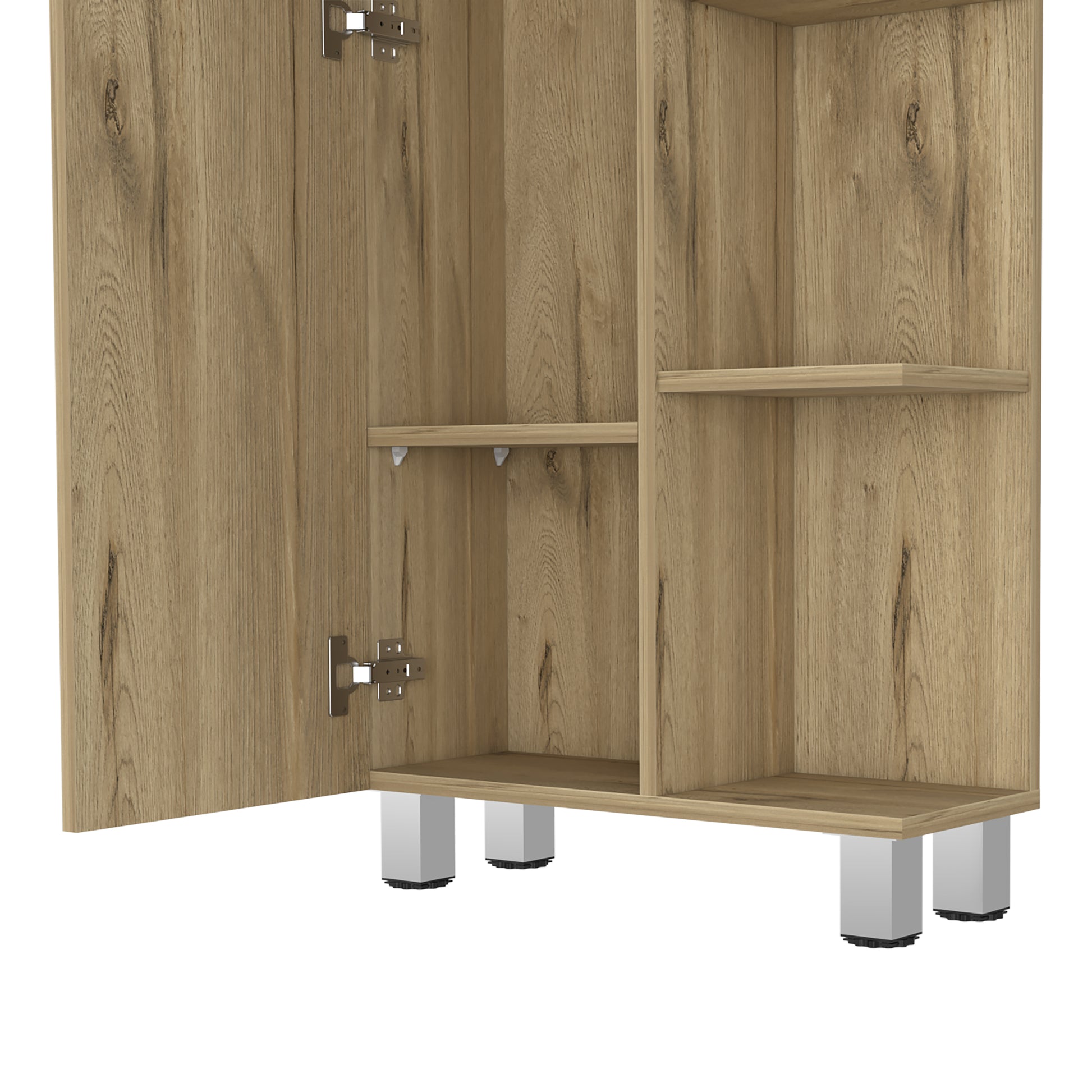 Linen Single Door Cabinet 62" H, Five External Shelves, Four Interior Shelves, Light Oak Beige Particle Board Particle Board