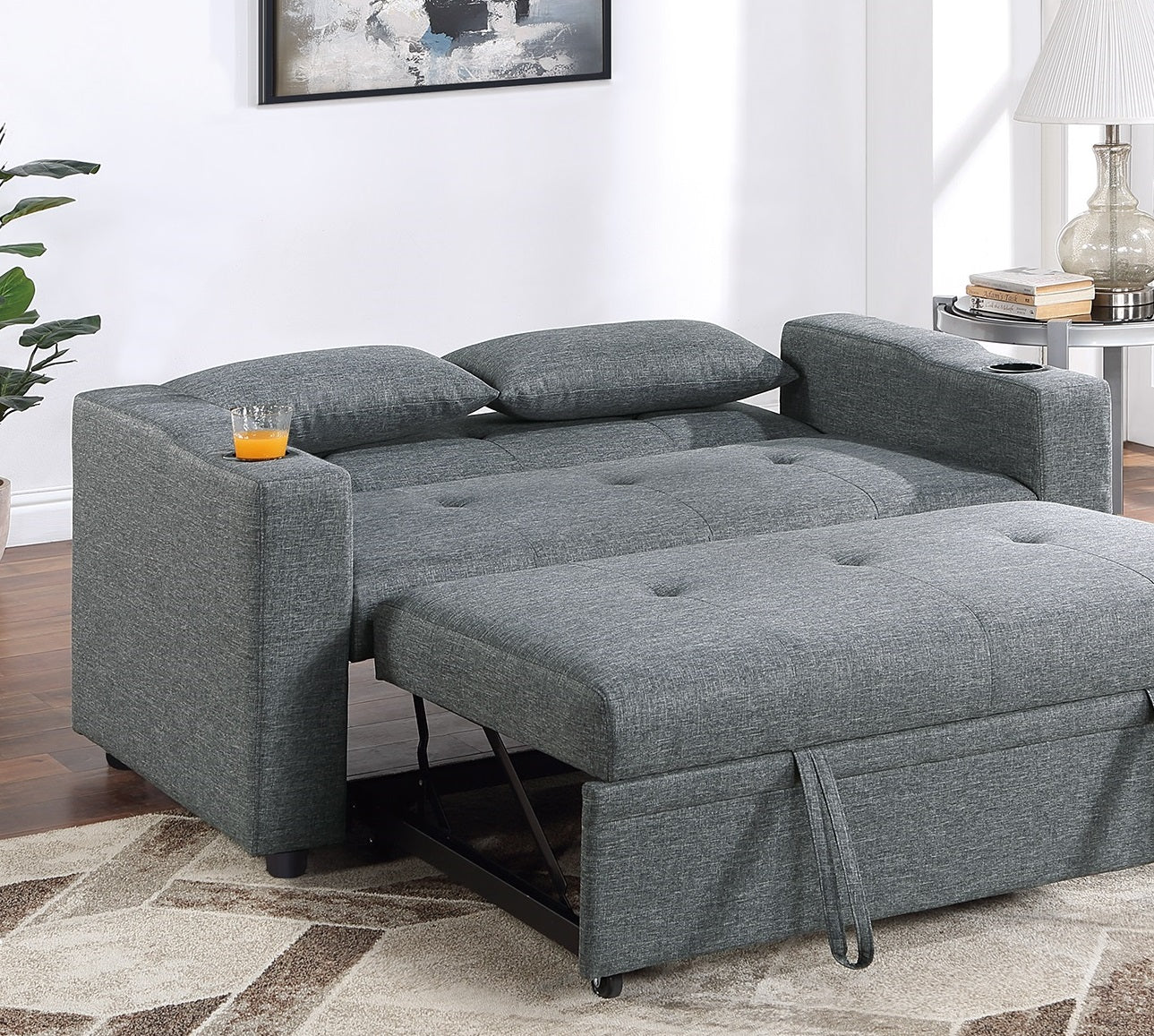 Contemporary Black Gray Sleeper Sofa Pillows Plush Tufted Seat 1Pc Convertible Sofa W Cup Holder Polyfiber Couch Living Room Furniture Grey Blue Wood Primary Living Space Contemporary,Modern Pine Fabric 2 Seat