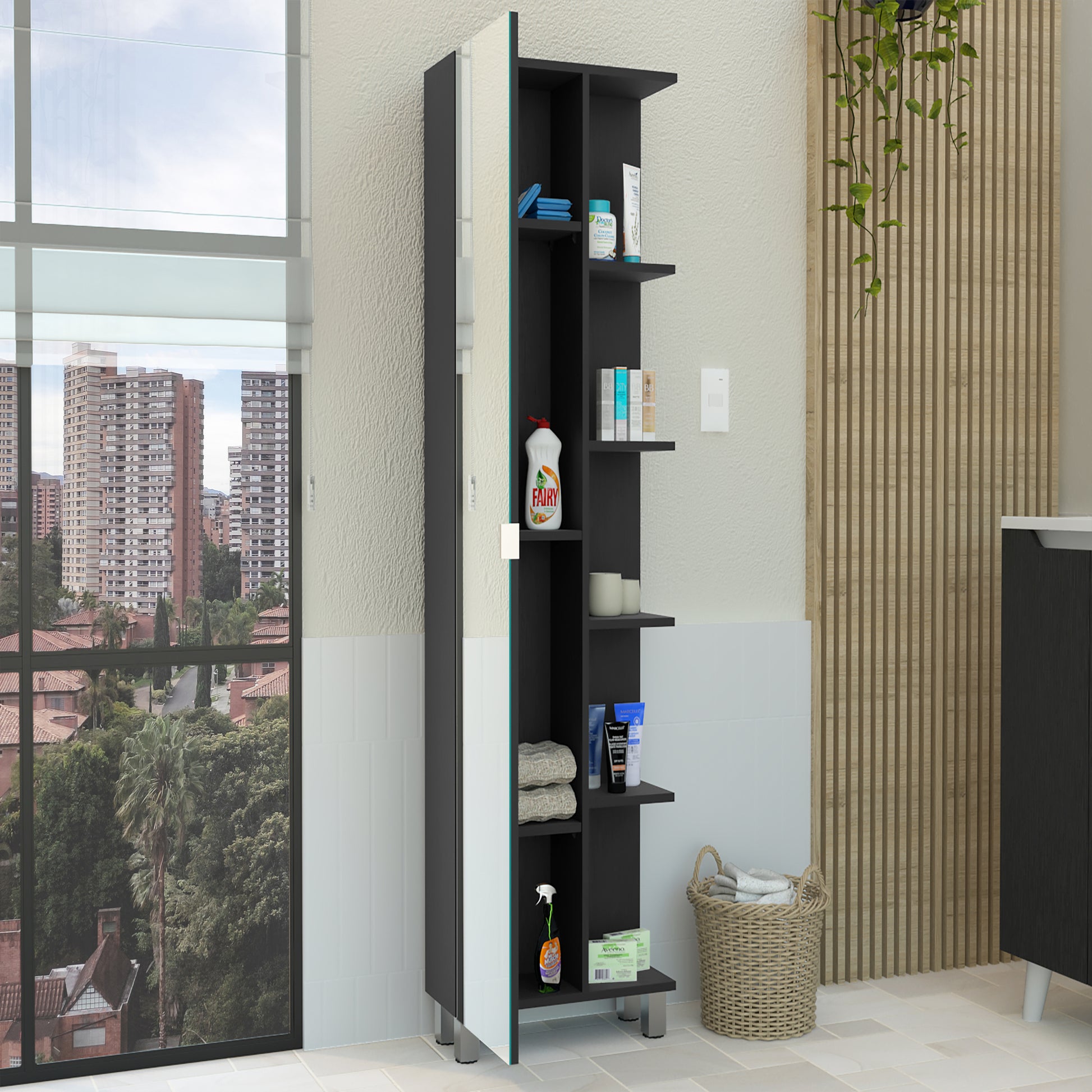 62H"Mirror Linen Single Door Cabinet, Five External Shelves, Four Interior Shelves, Black Black Particle Board Particle Board