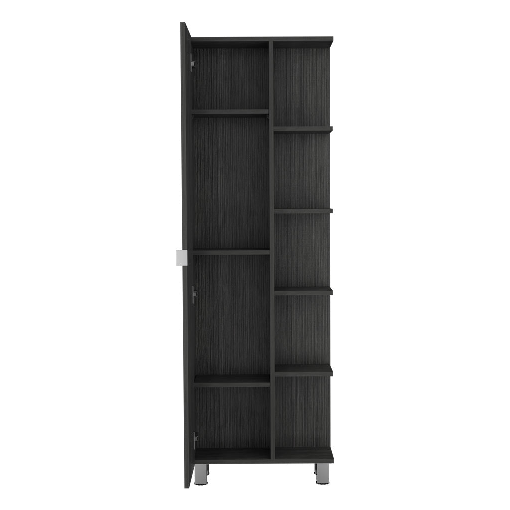 62H" Linen Single Door Cabinet, Five External Shelves, Four Interior Shelves, Smokey Oak Gray Particle Board Particle Board