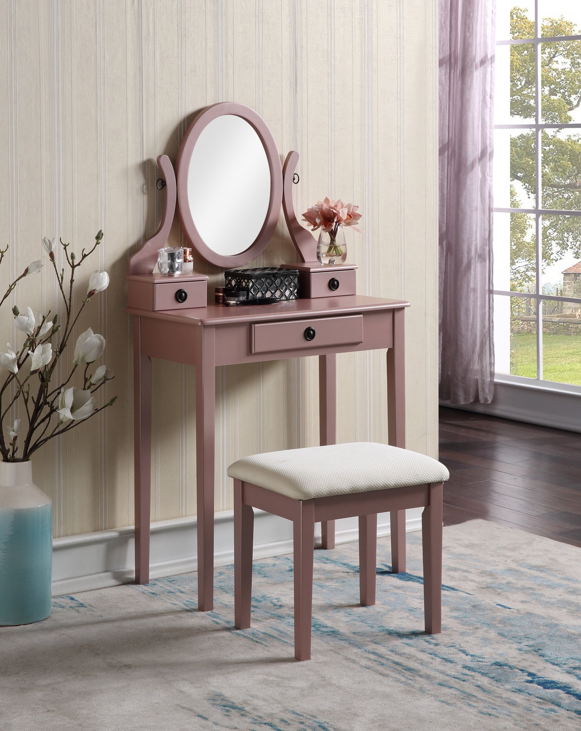 Moniys Wood Moniya Makeup Vanity Table And Stool Set, Rose Gold Rose Gold Wood
