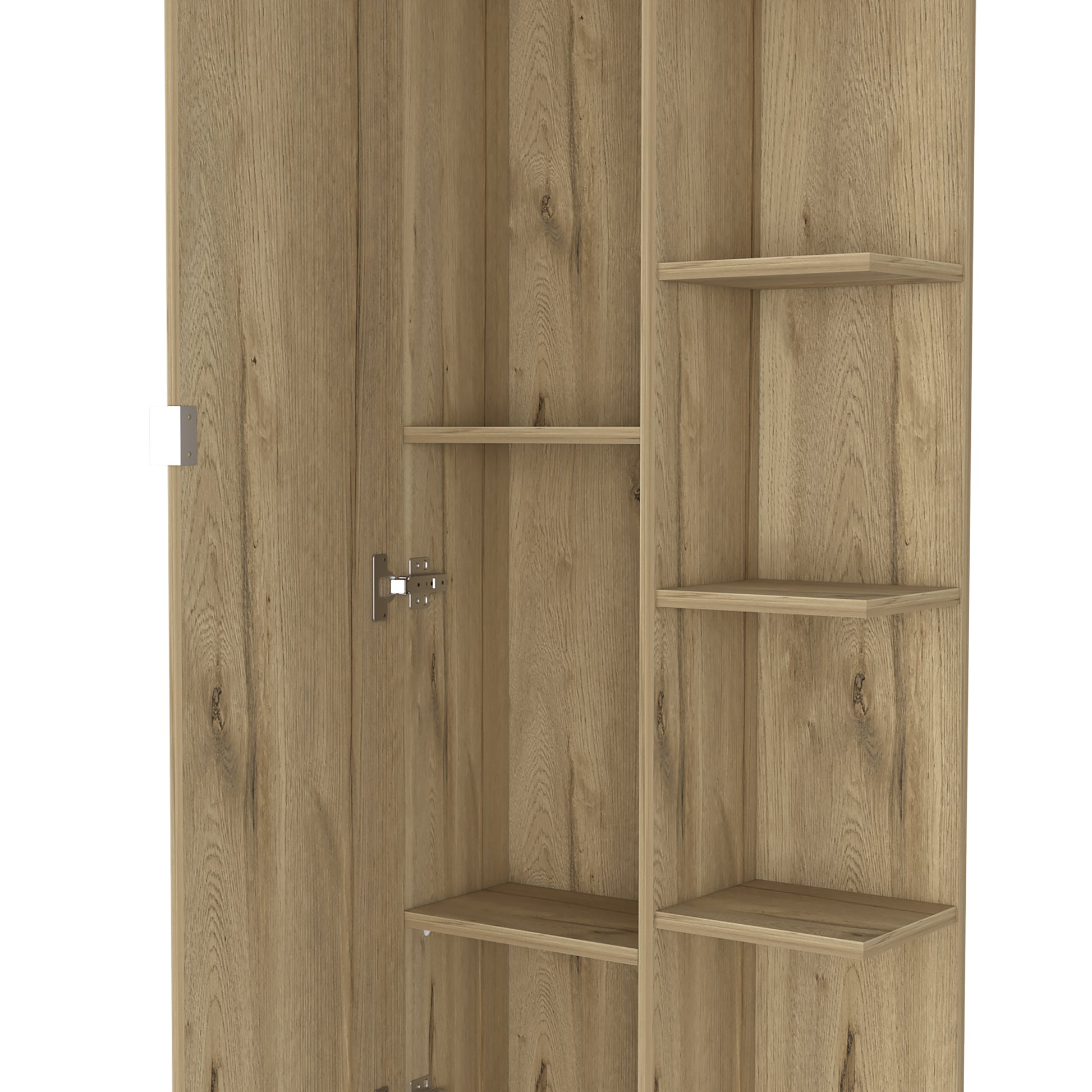 62H" Linen Single Door Cabinet, Five External Shelves, Four Interior Shelves, Light Oak Beige Particle Board Particle Board