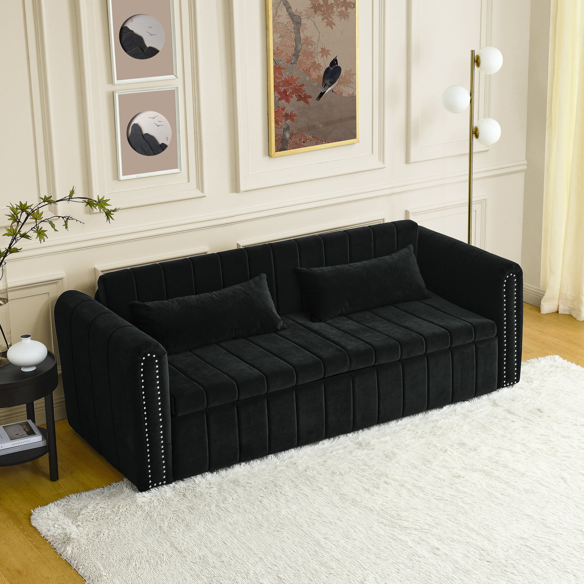 3 In 1 Pull Out Bed Sleeper, Modern Upholstered 3 Seats Lounge Sofa & Couches With Rolled Arms Decorated With Copper Nailsconvertible Futon 3 Seats Sofabed With Two Drawers And Two Pillows Black Velvet Primary Living Space Medium Soft Cushion Back Rolled