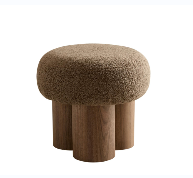 W8017 1 Mushroom Stool, Brown Lamb Wool Seat, Barrel Pvc Pipe With Walnut Veneer Brown Broadcloth Pleat