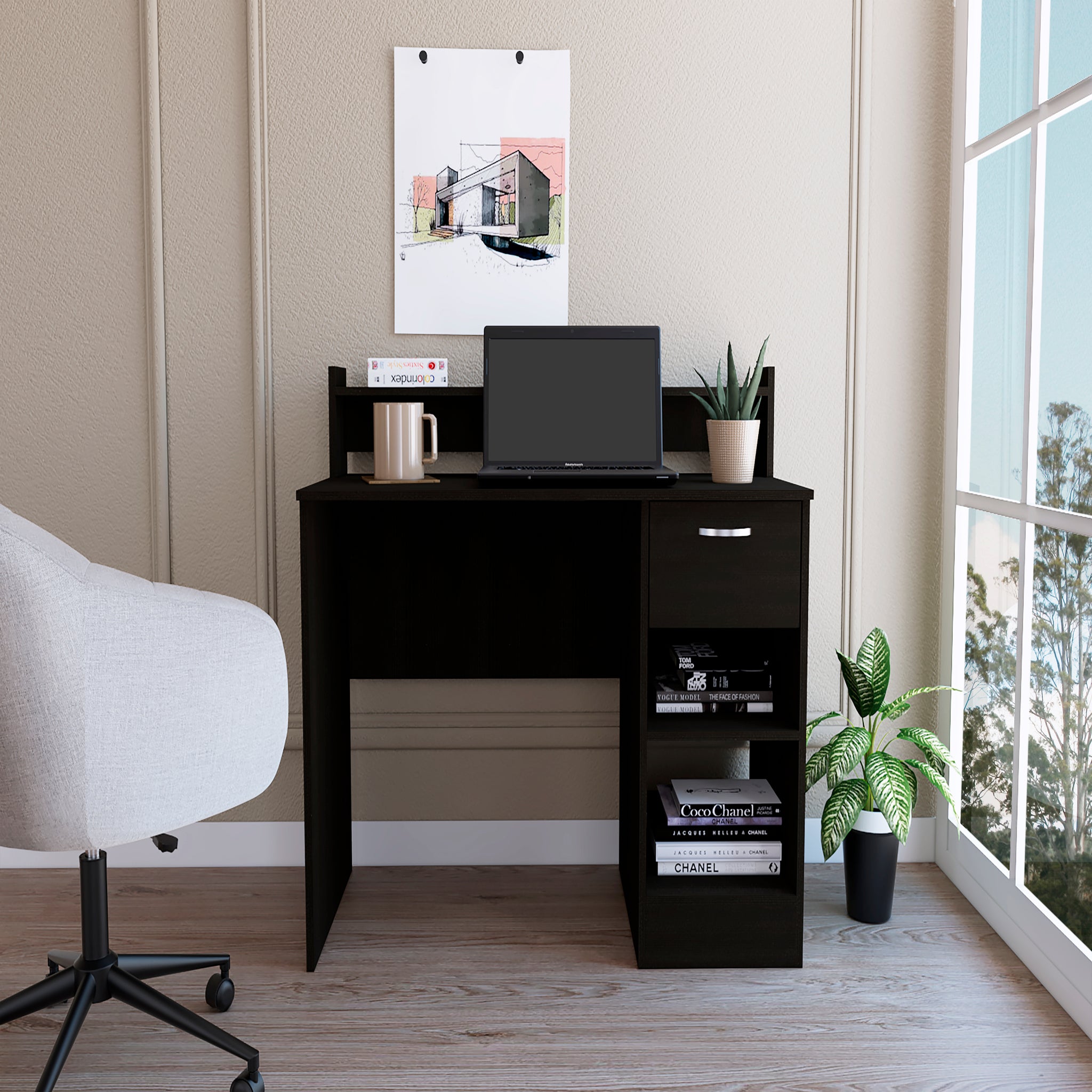 Computer Desk With Top Open Shelf, 1 Drawer And 2 Storage Shelves, Black Black Particle Board Particle Board