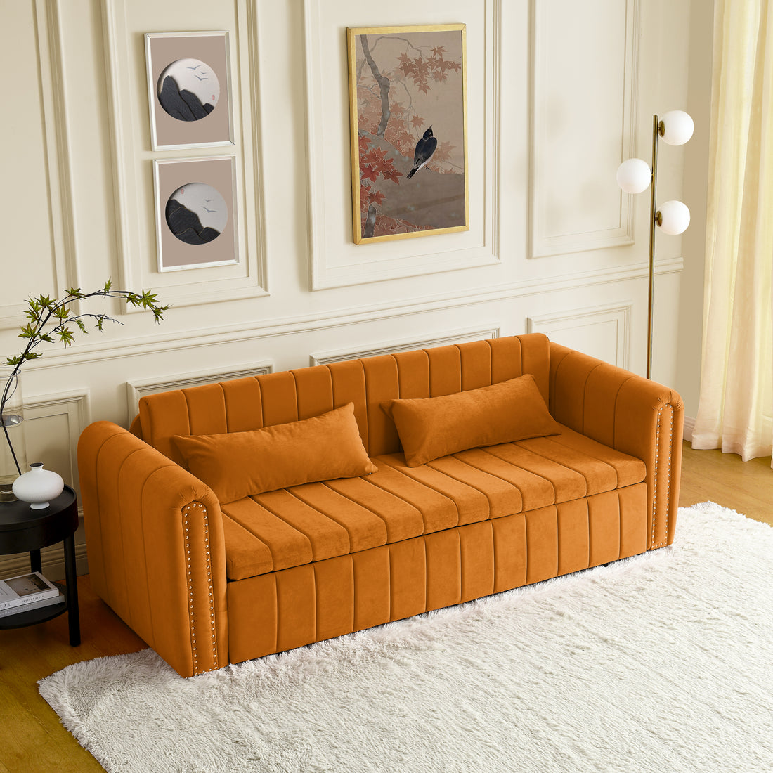 3 In 1 Pull Out Bed Sleeper, Modern Upholstered 3 Seats Lounge Sofa & Couches With Rolled Arms Decorated With Copper Nailsconvertible Futon 3 Seats Sofabed With Two Drawers And Two Pillows Orange Velvet Primary Living Space Medium Soft Cushion Back