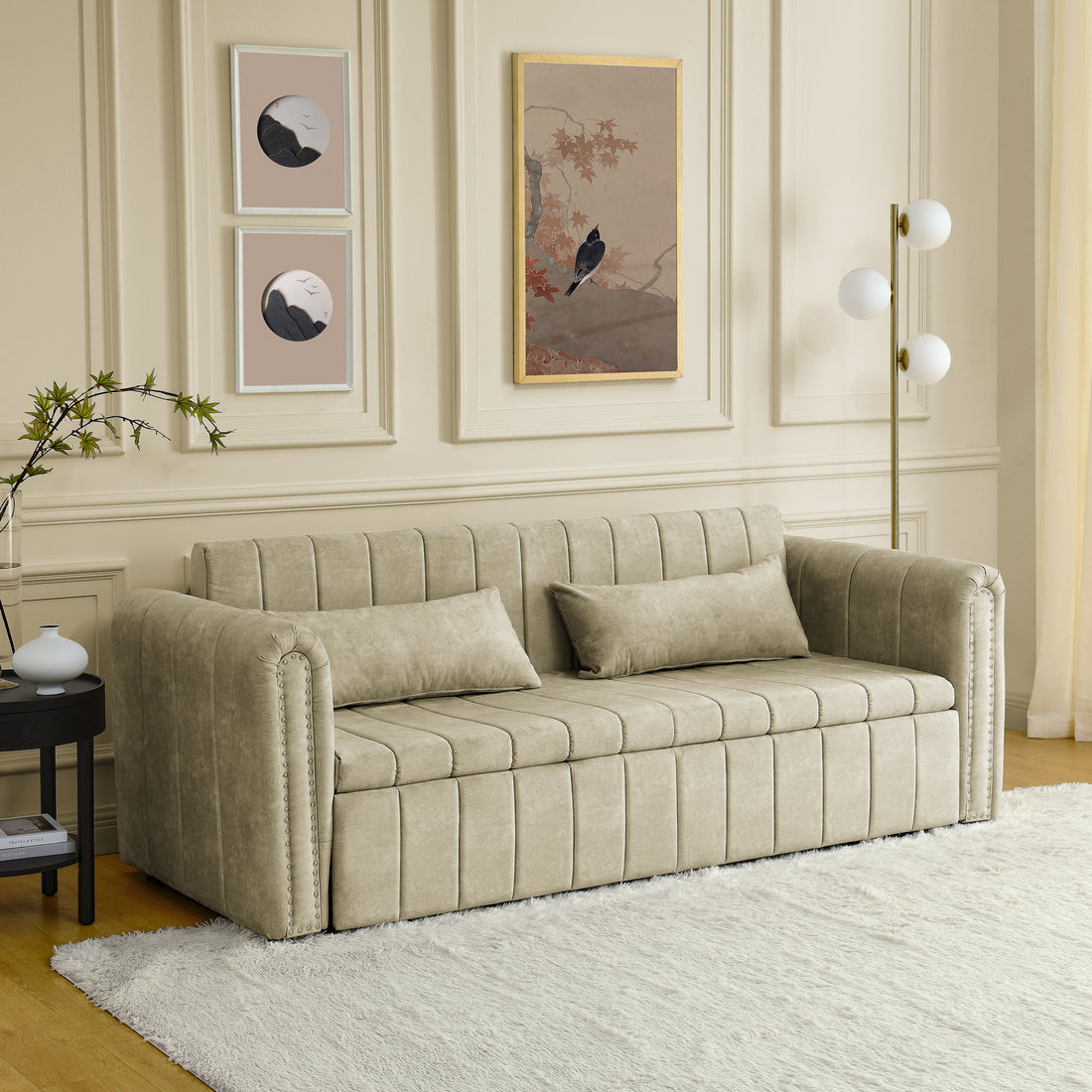 3 In 1 Pull Out Bed Sleeper, Modern Upholstered 3 Seats Lounge Sofa & Couches With Rolled Arms Decorated With Copper Nailsconvertible Futon 3 Seats Sofabed With Two Drawers And Two Pillows Beige Velvet Primary Living Space Medium Soft Cushion Back Square
