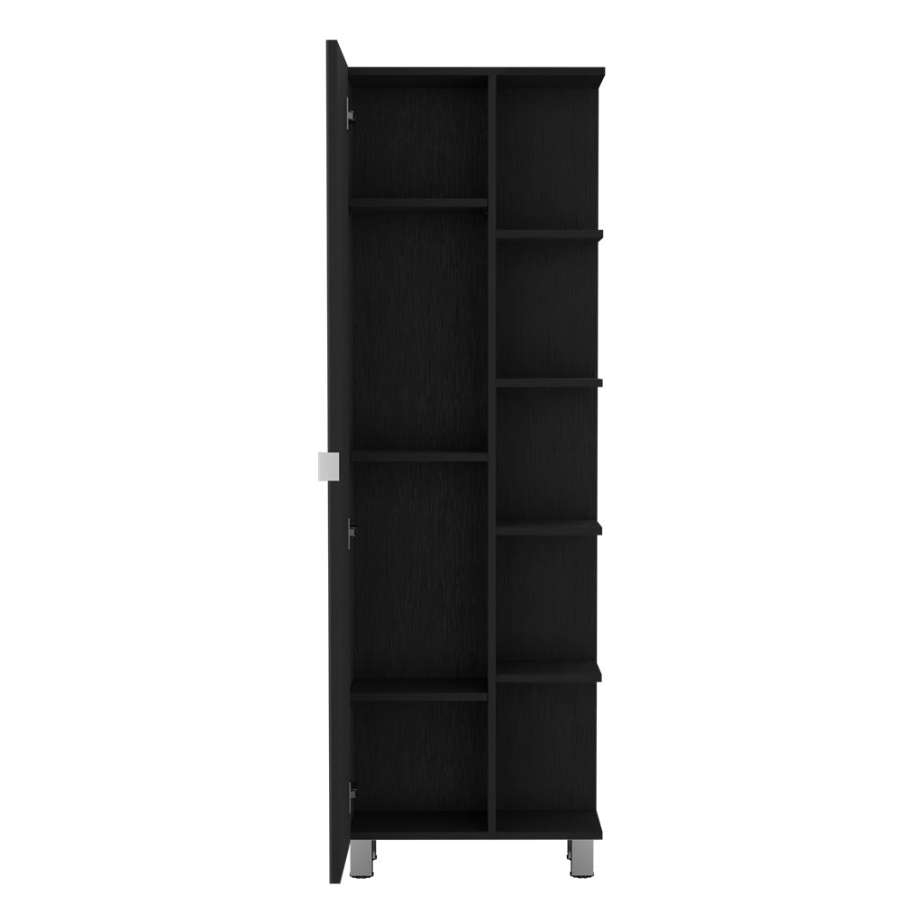 62H"Mirror Linen Single Door Cabinet, Five External Shelves, Four Interior Shelves, Black Black Particle Board Particle Board