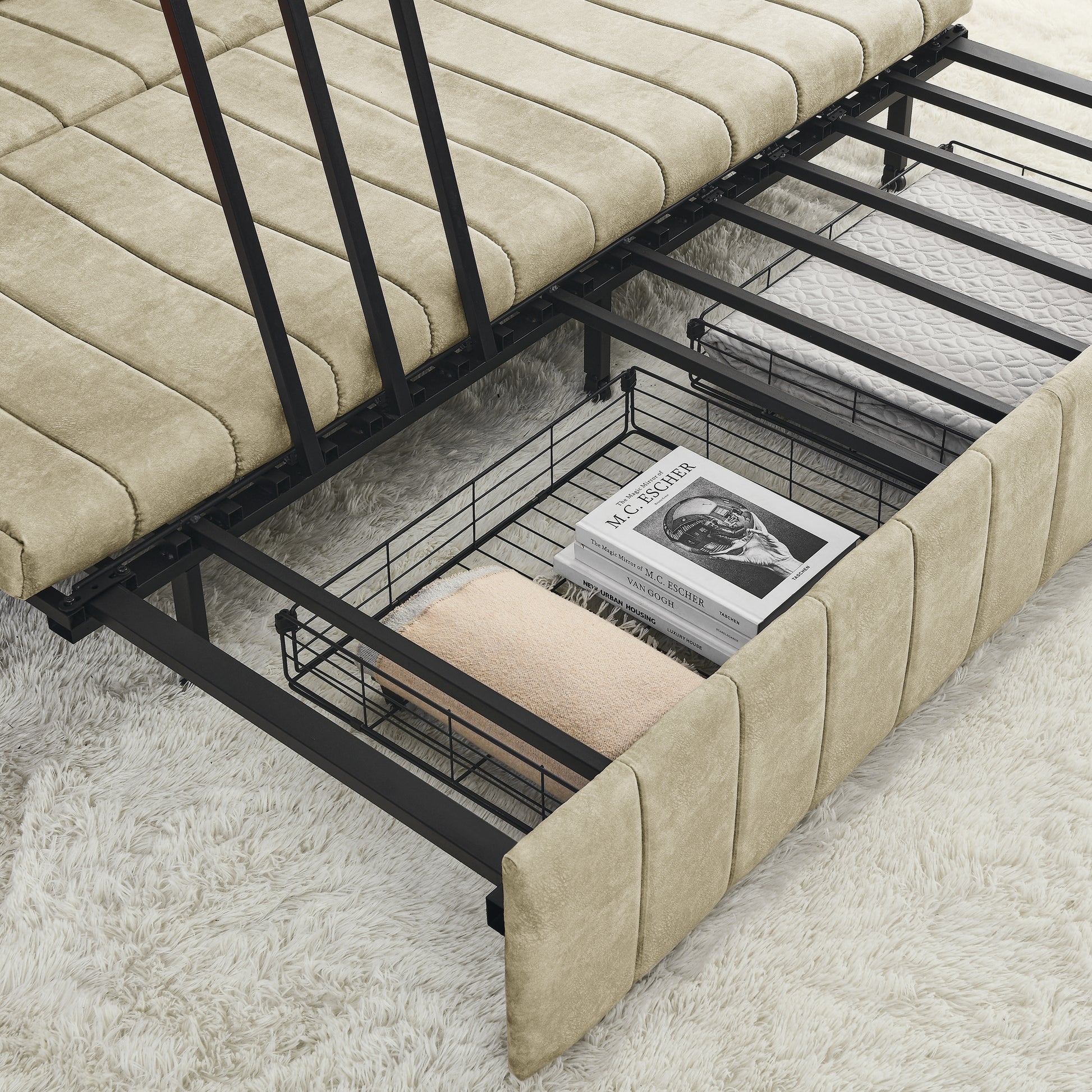 3 In 1 Pull Out Bed Sleeper, Modern Upholstered 3 Seats Lounge Sofa & Couches With Rolled Arms Decorated With Copper Nailsconvertible Futon 3 Seats Sofabed With Two Drawers And Two Pillows Beige Velvet Primary Living Space Medium Soft Cushion Back Square