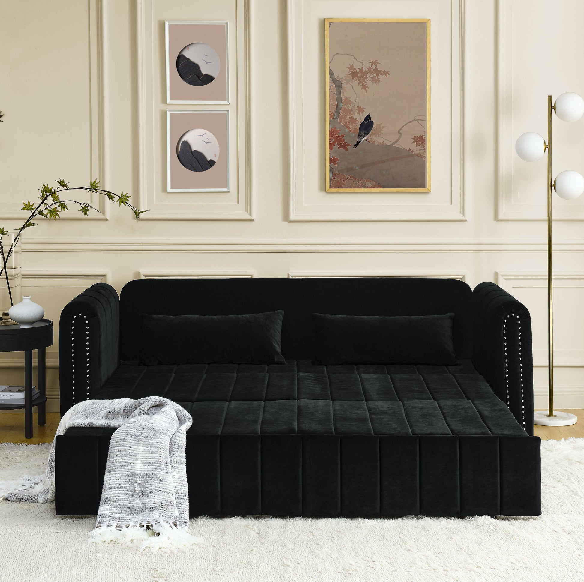 3 In 1 Pull Out Bed Sleeper, Modern Upholstered 3 Seats Lounge Sofa & Couches With Rolled Arms Decorated With Copper Nailsconvertible Futon 3 Seats Sofabed With Two Drawers And Two Pillows Black Velvet Primary Living Space Medium Soft Cushion Back Rolled
