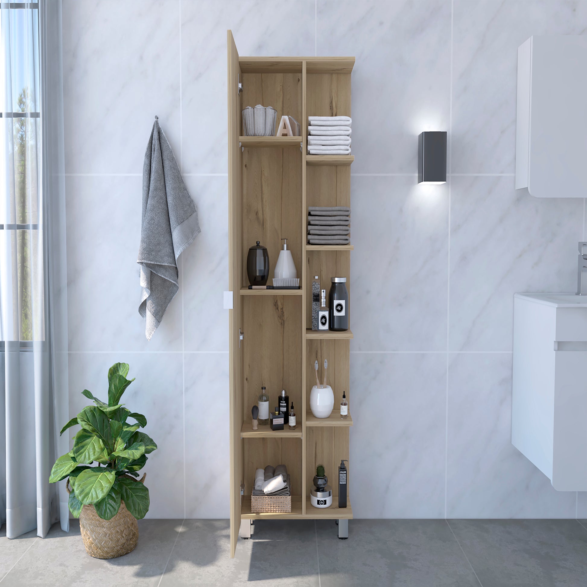 62H" Linen Single Door Cabinet, Five External Shelves, Four Interior Shelves, Light Oak Beige Particle Board Particle Board