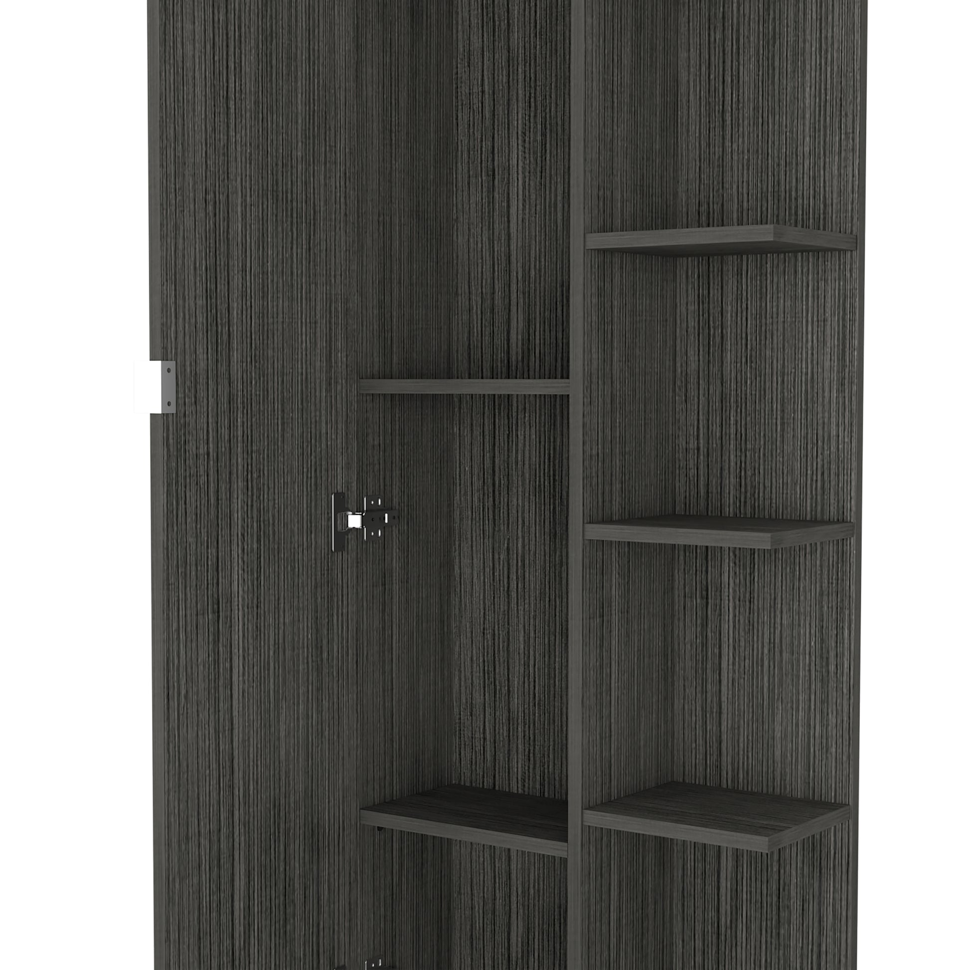 Linen Single Door Cabinet 62" H, Five External Shelves, Four Interior Shelves, Smokey Oak Gray Particle Board Particle Board