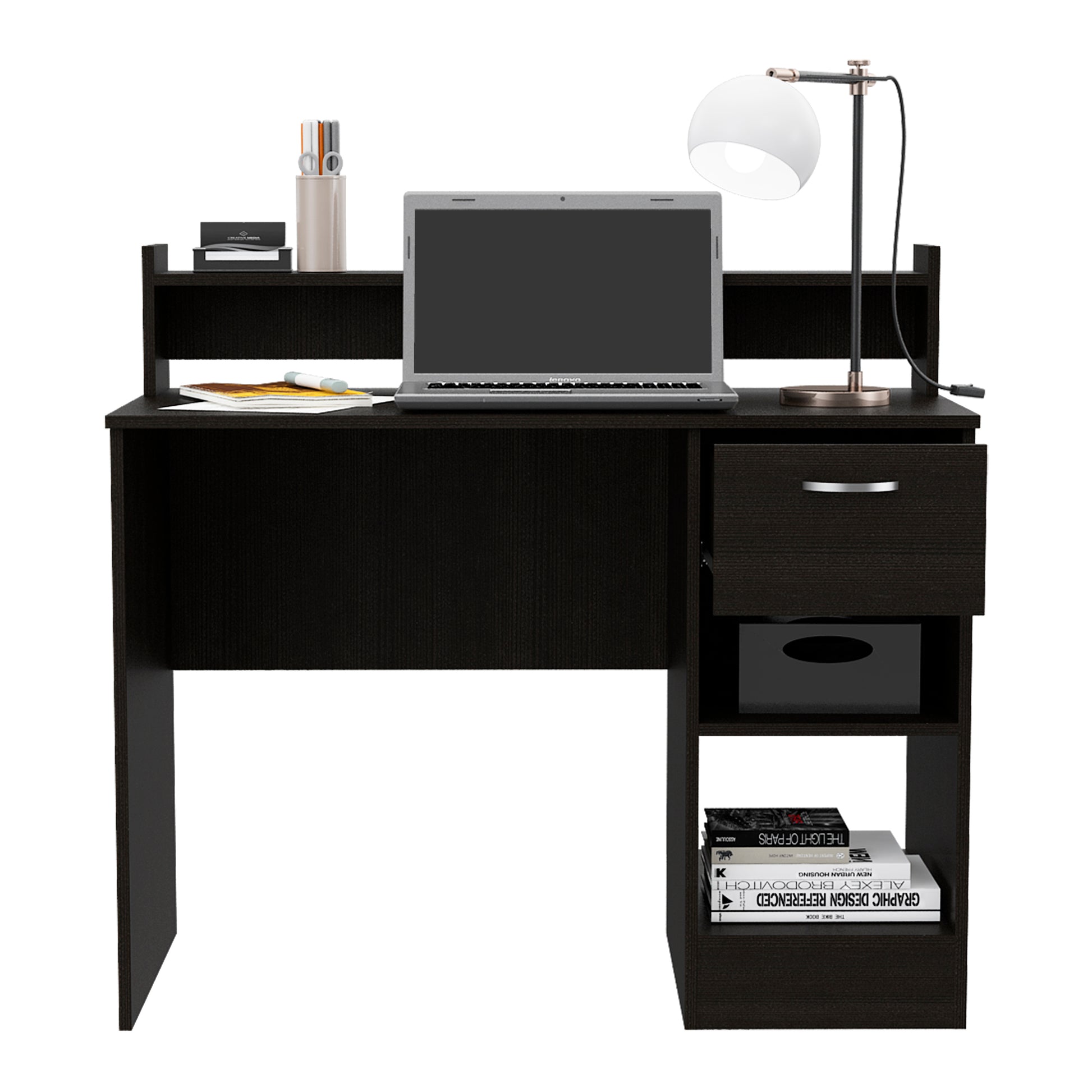 Computer Desk With Top Open Shelf, 1 Drawer And 2 Storage Shelves, Black Black Particle Board Particle Board