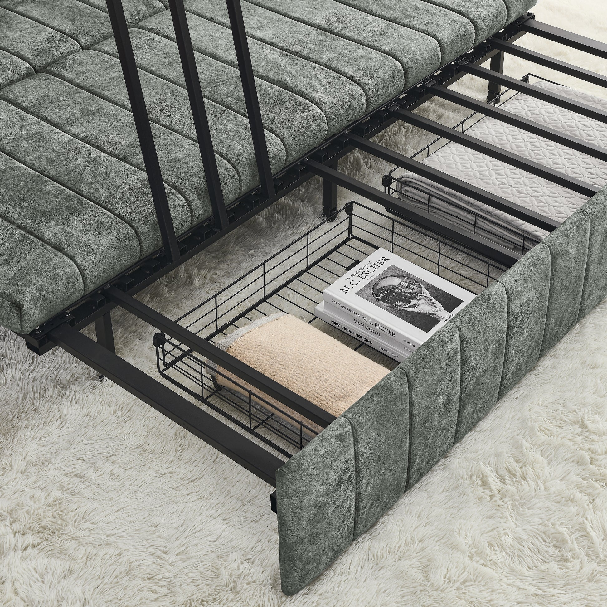 3 In 1 Pull Out Bed Sleeper, Modern Upholstered 3 Seats Lounge Sofa & Couches With Rolled Arms Decorated With Copper Nailsconvertible Futon 3 Seats Sofabed With Two Drawers And Two Pillows Grey Velvet Primary Living Space Medium Soft Cushion Back Square