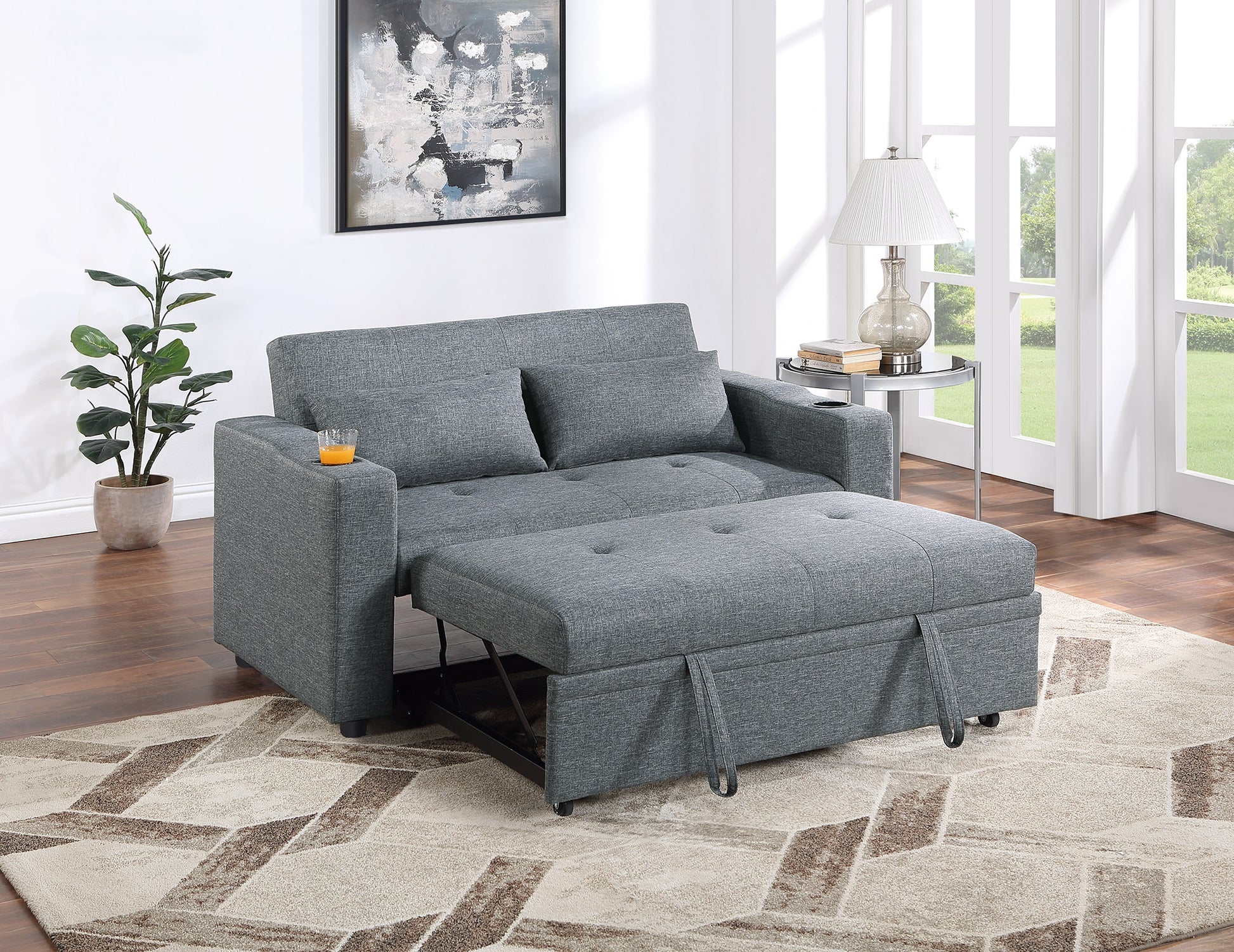 Contemporary Black Gray Sleeper Sofa Pillows Plush Tufted Seat 1Pc Convertible Sofa W Cup Holder Polyfiber Couch Living Room Furniture Grey Blue Wood Primary Living Space Contemporary,Modern Pine Fabric 2 Seat