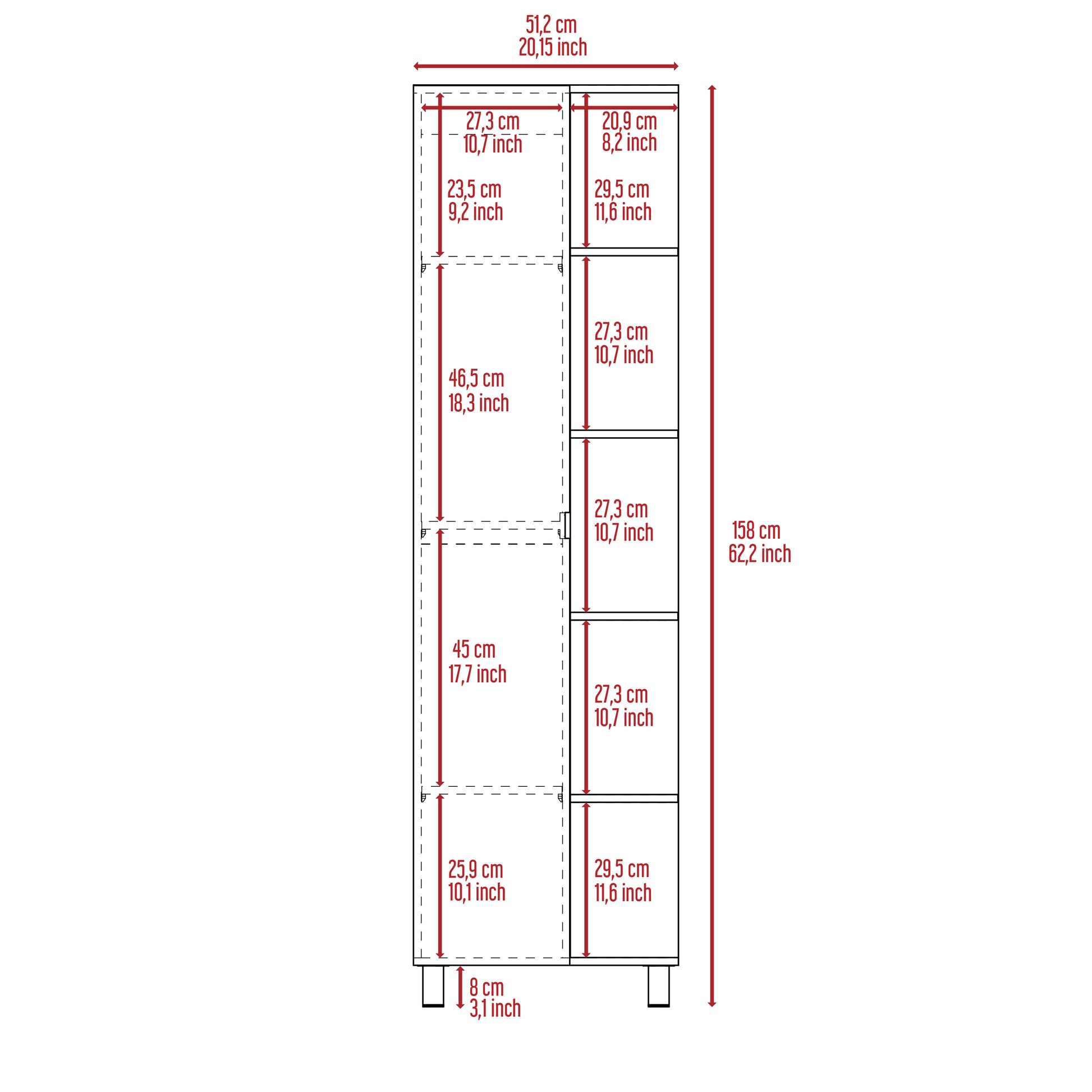 62H" Linen Single Door Cabinet, Five External Shelves, Four Interior Shelves, Light Oak Beige Particle Board Particle Board