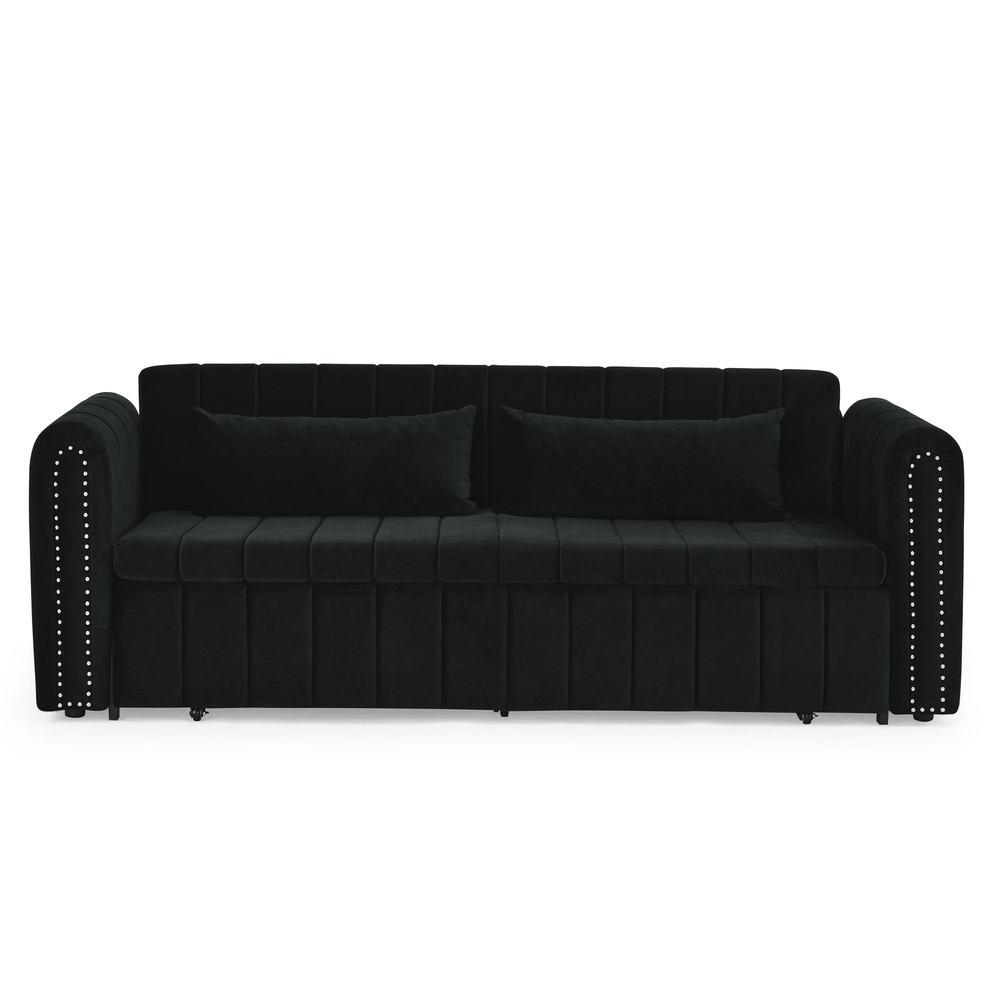 3 In 1 Pull Out Bed Sleeper, Modern Upholstered 3 Seats Lounge Sofa & Couches With Rolled Arms Decorated With Copper Nailsconvertible Futon 3 Seats Sofabed With Two Drawers And Two Pillows Black Velvet Primary Living Space Medium Soft Cushion Back Rolled