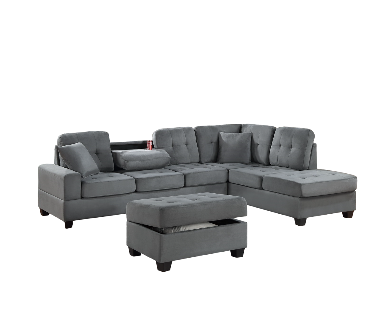 Dark Gray Plush Microfiber Living Room Furniture 3 Pcs Reversible Sectional Sofa Set Sofa W Cup Holder Reversible Chaise And Storage Ottoman Dark Gray Primary Living Space Contemporary,Modern,Transitional L Shaped Rubberwood Microfiber 5 Seat