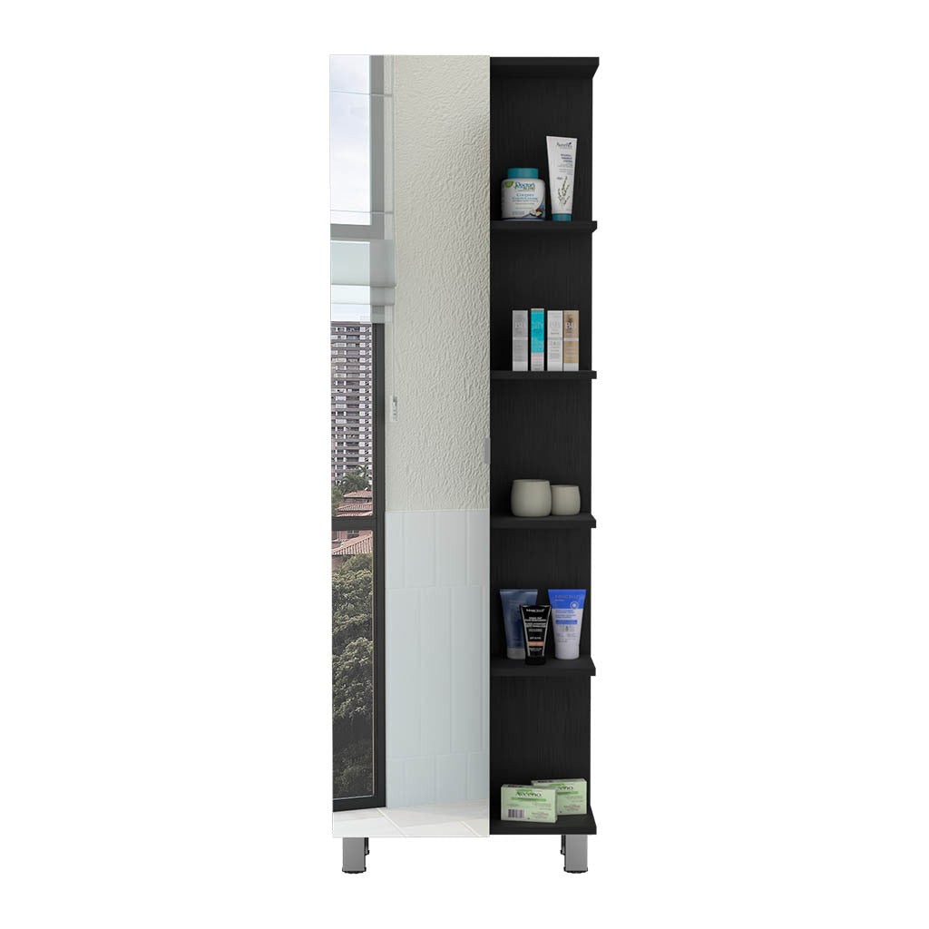 62H"Mirror Linen Single Door Cabinet, Five External Shelves, Four Interior Shelves, Black Black Particle Board Particle Board