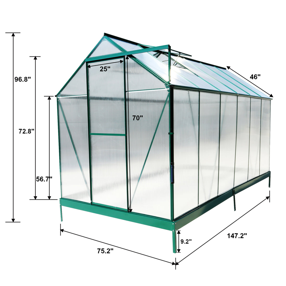 6.3'*12.2'*7' Polycarbonate Greenhouse, Heavy Duty Outdoor Aluminum Walk In Green House Kit With Rain Gutter, Vent And Door For Backyard Garden, Color Green Green Aluminium